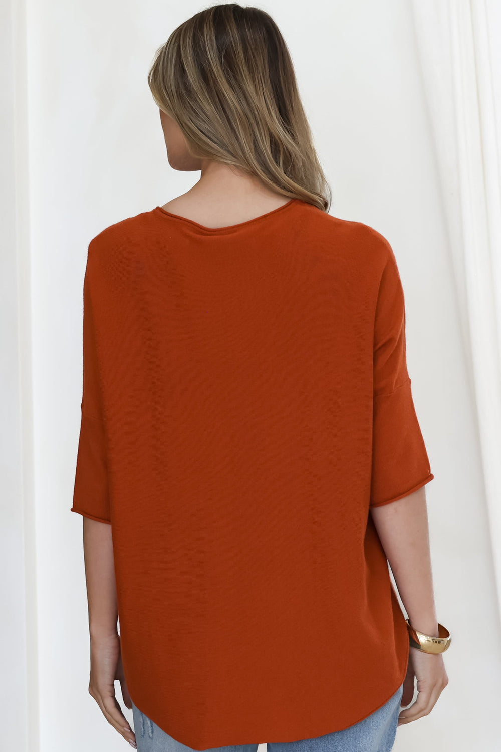Allegra Knit Top - Crew Neck Curved Hem Box Silhouette Top in Burnt Orange