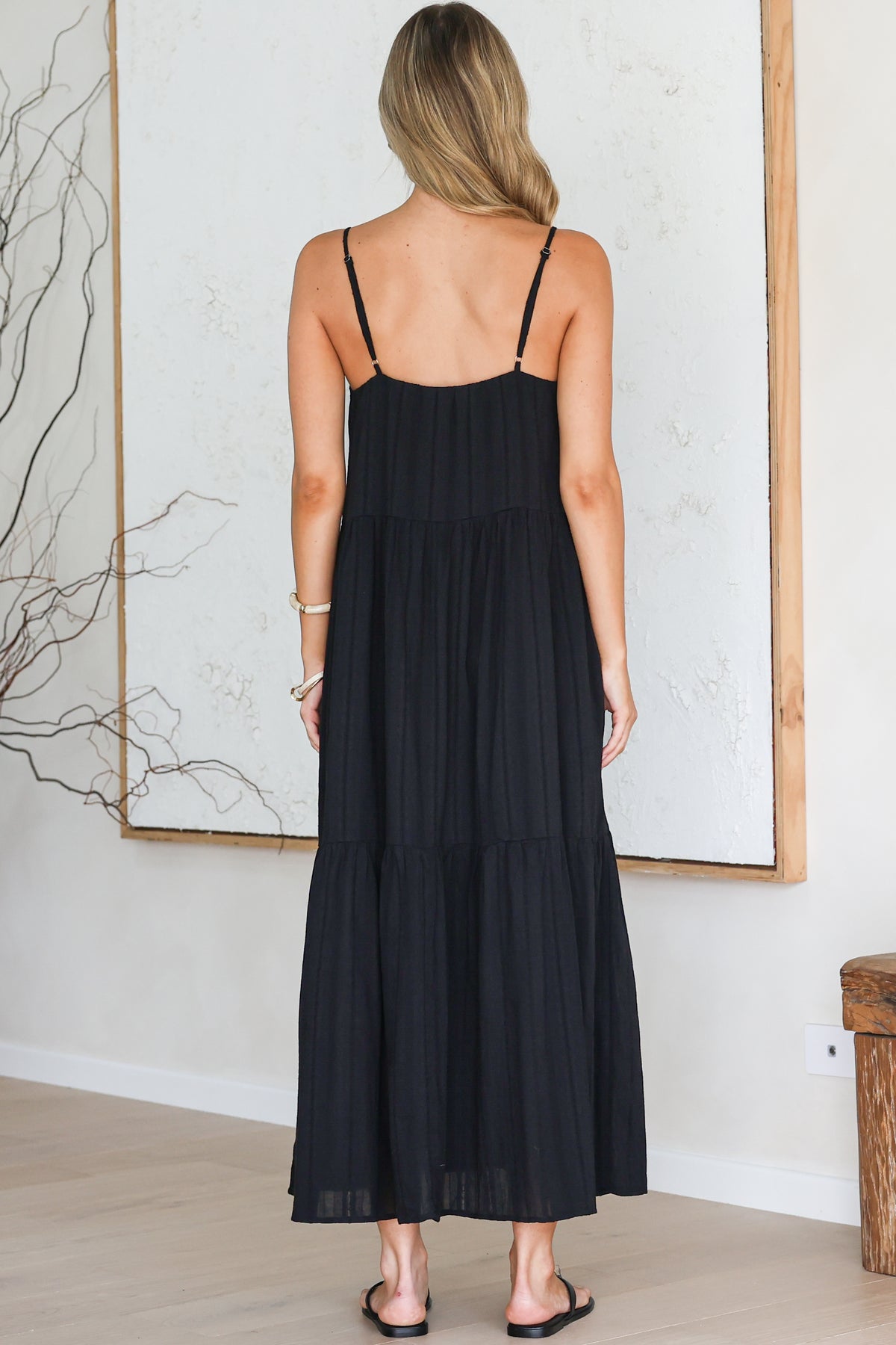 Alora Midi Dress - Textured V Neck Tiered Dress with Adjustable Straps in in Black