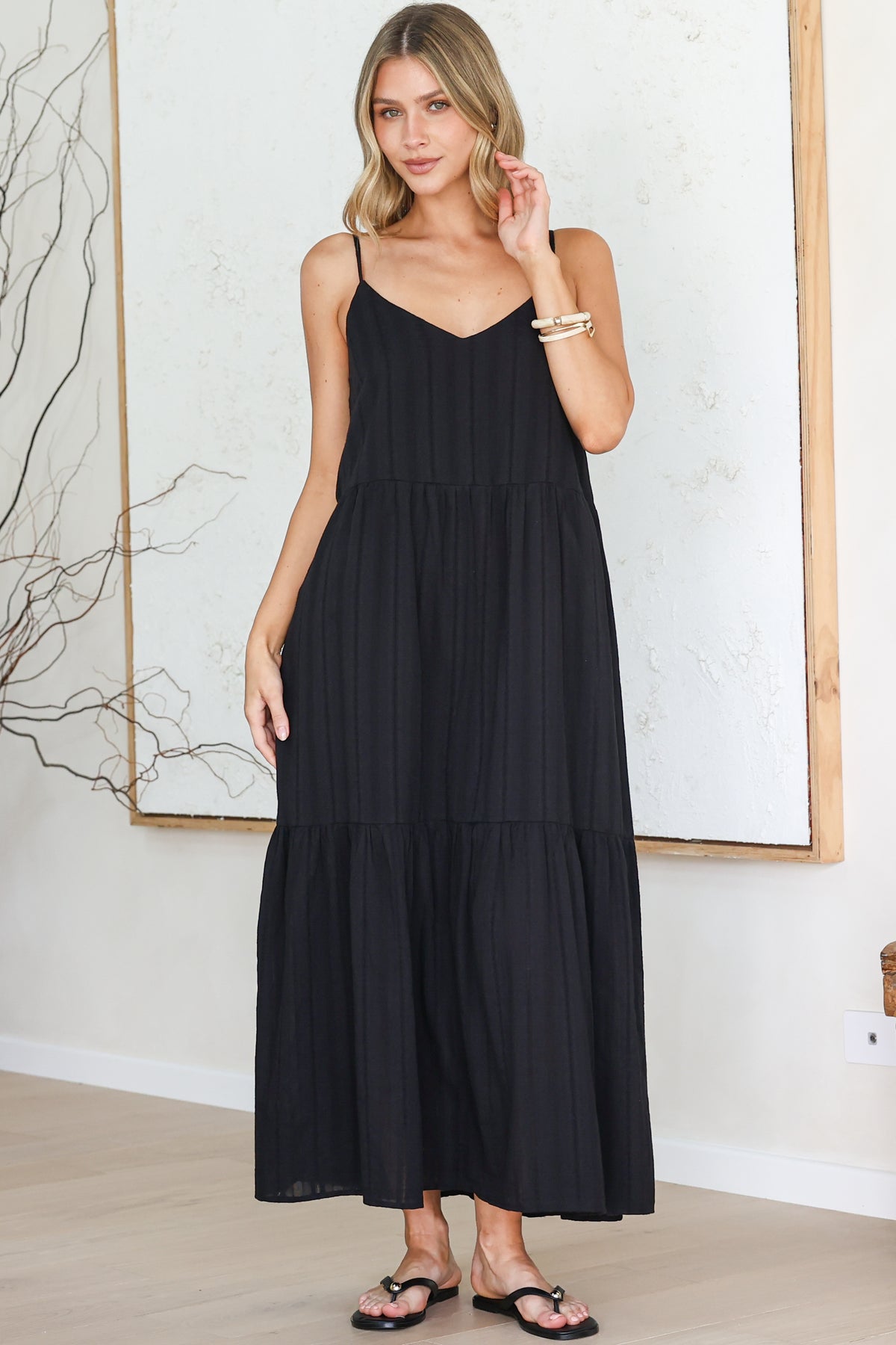 Alora Midi Dress - Textured V Neck Tiered Dress with Adjustable Straps in in Black