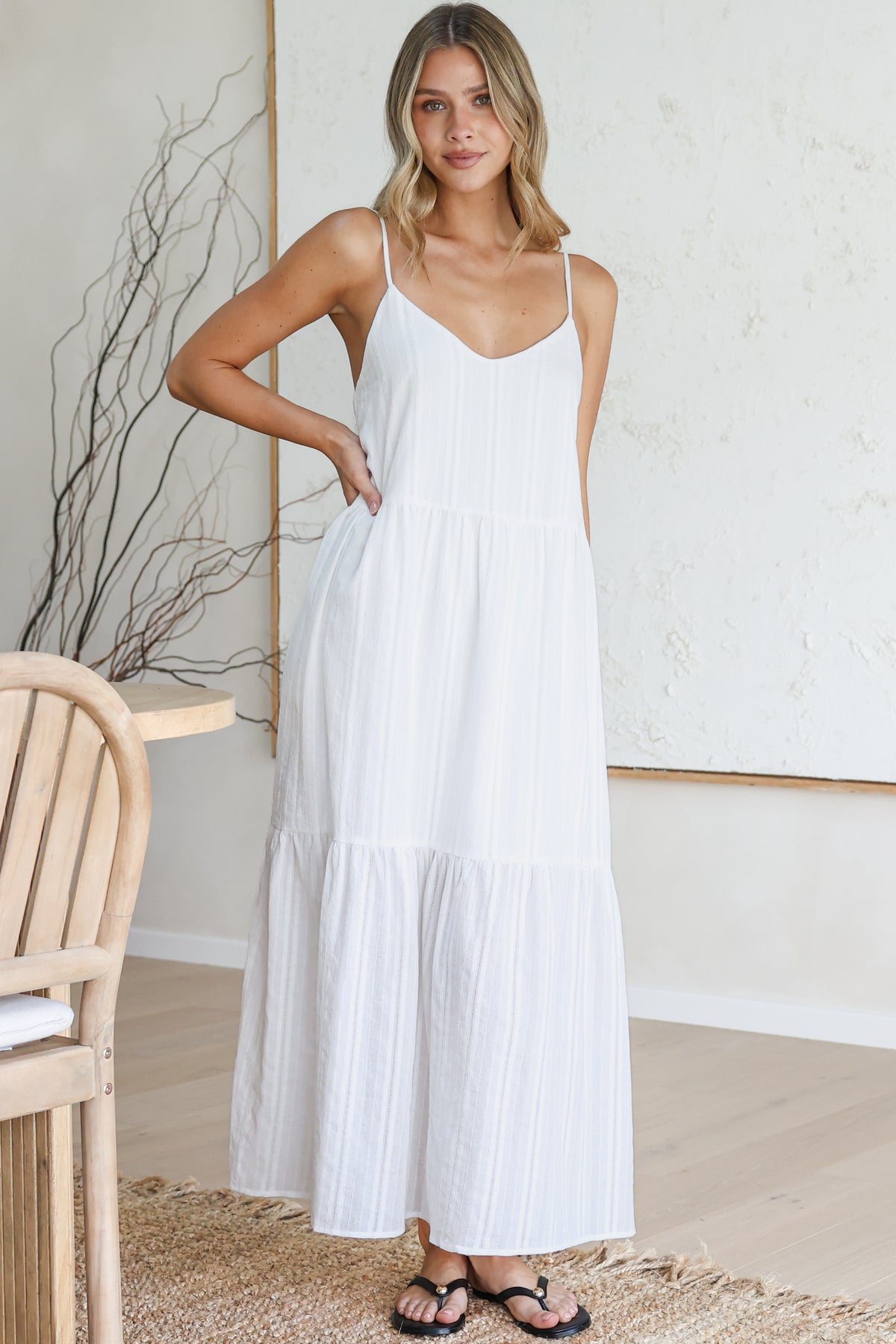 Alora Midi Dress - Textured V Neck Tiered Dress with Adjustable Straps in in White