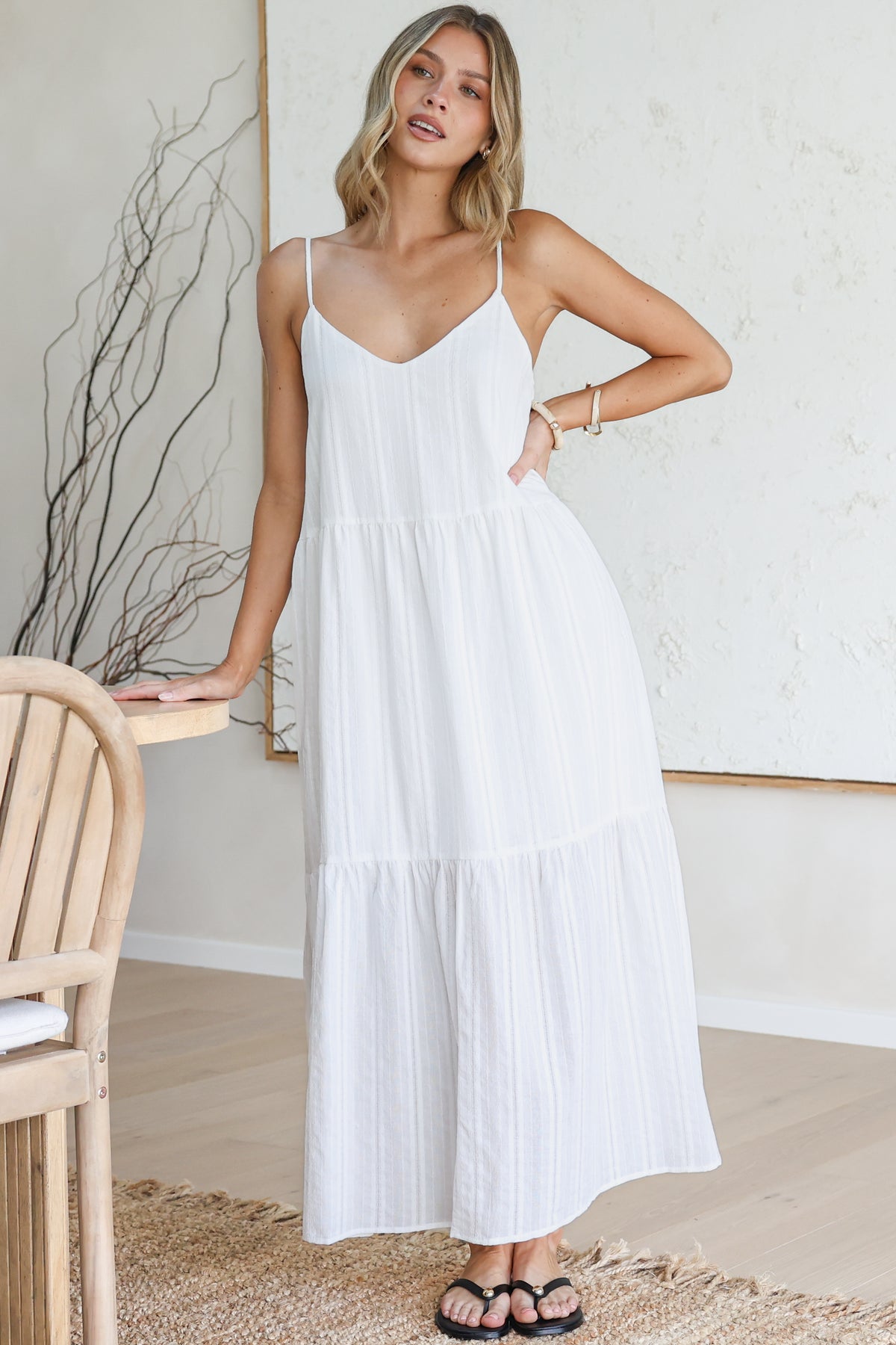 Alora Midi Dress - Textured V Neck Tiered Dress with Adjustable Straps in in White