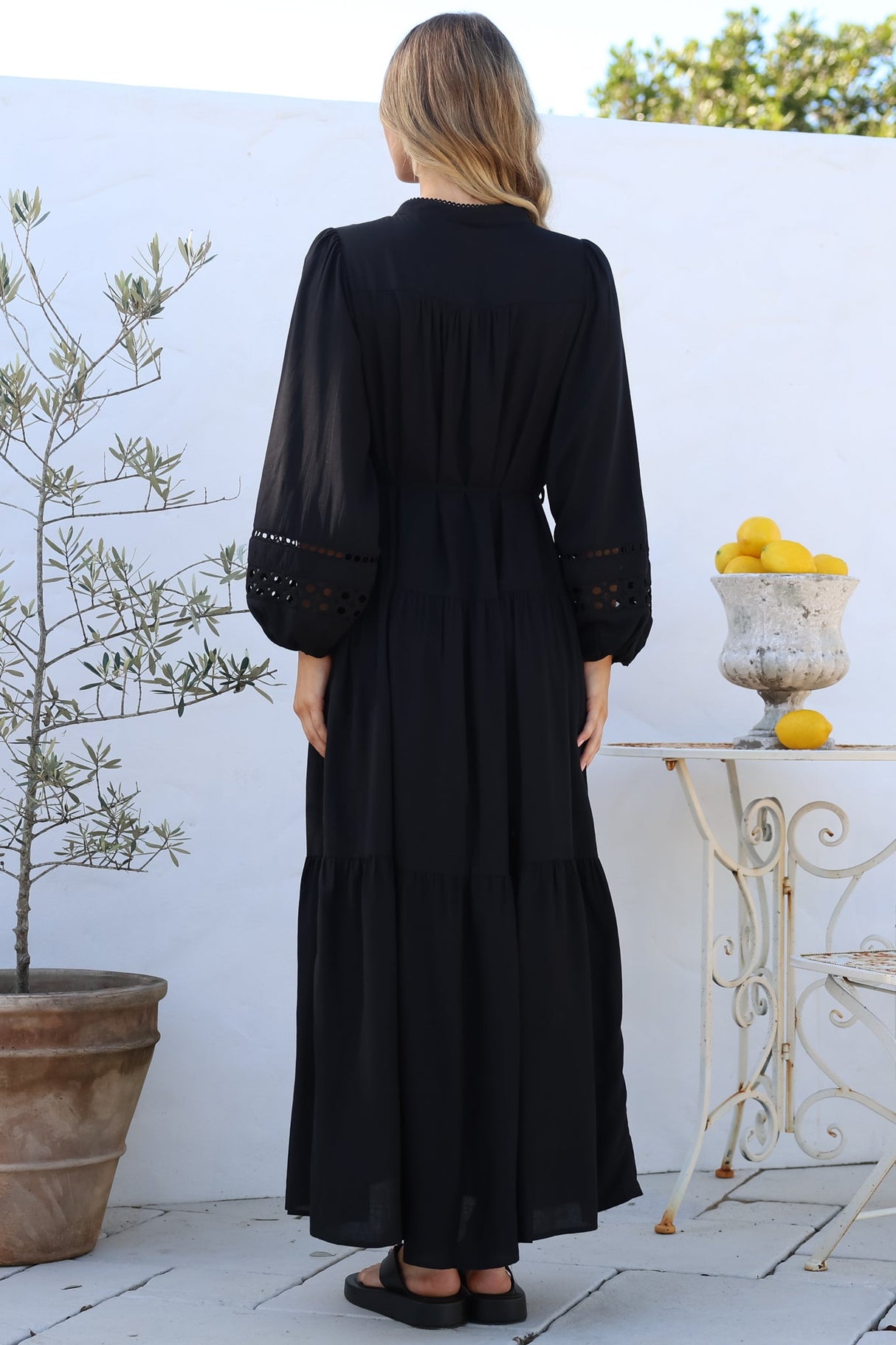 Alyce Maxi Dress - Mandarin Collar Button Down with Detachable Waist Tie in Black