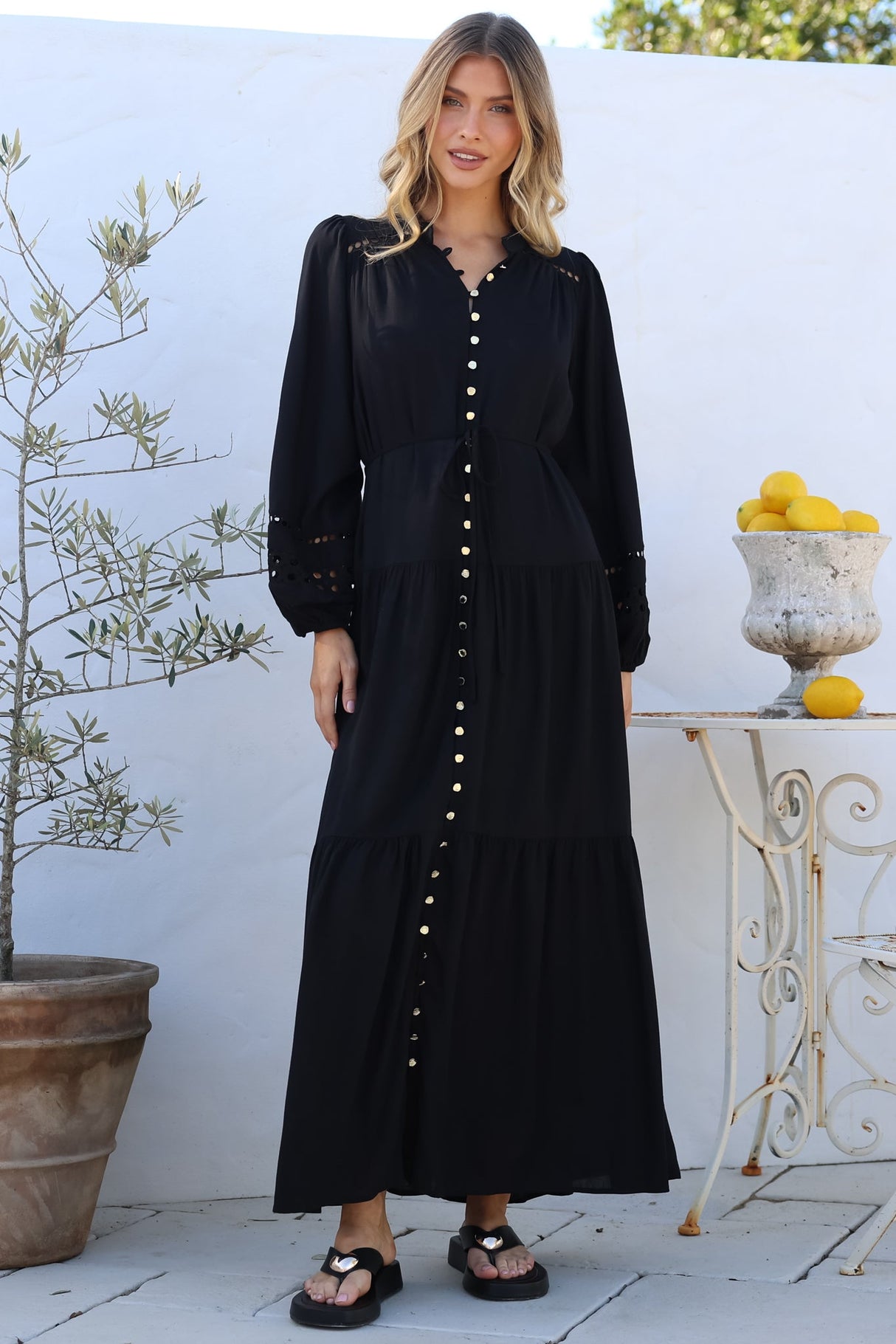 Alyce Maxi Dress - Mandarin Collar Button Down with Detachable Waist Tie in Black