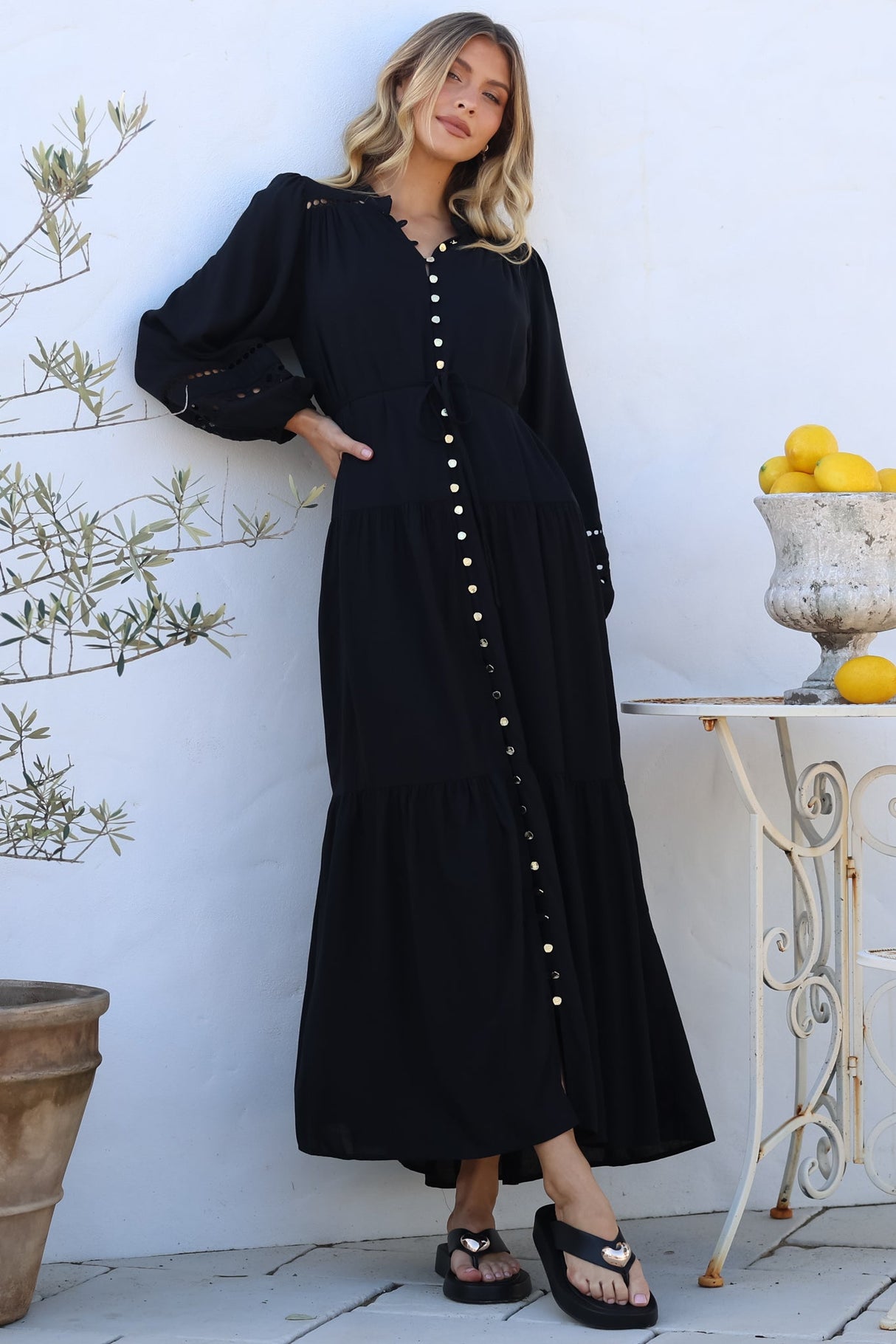 Alyce Maxi Dress - Mandarin Collar Button Down with Detachable Waist Tie in Black