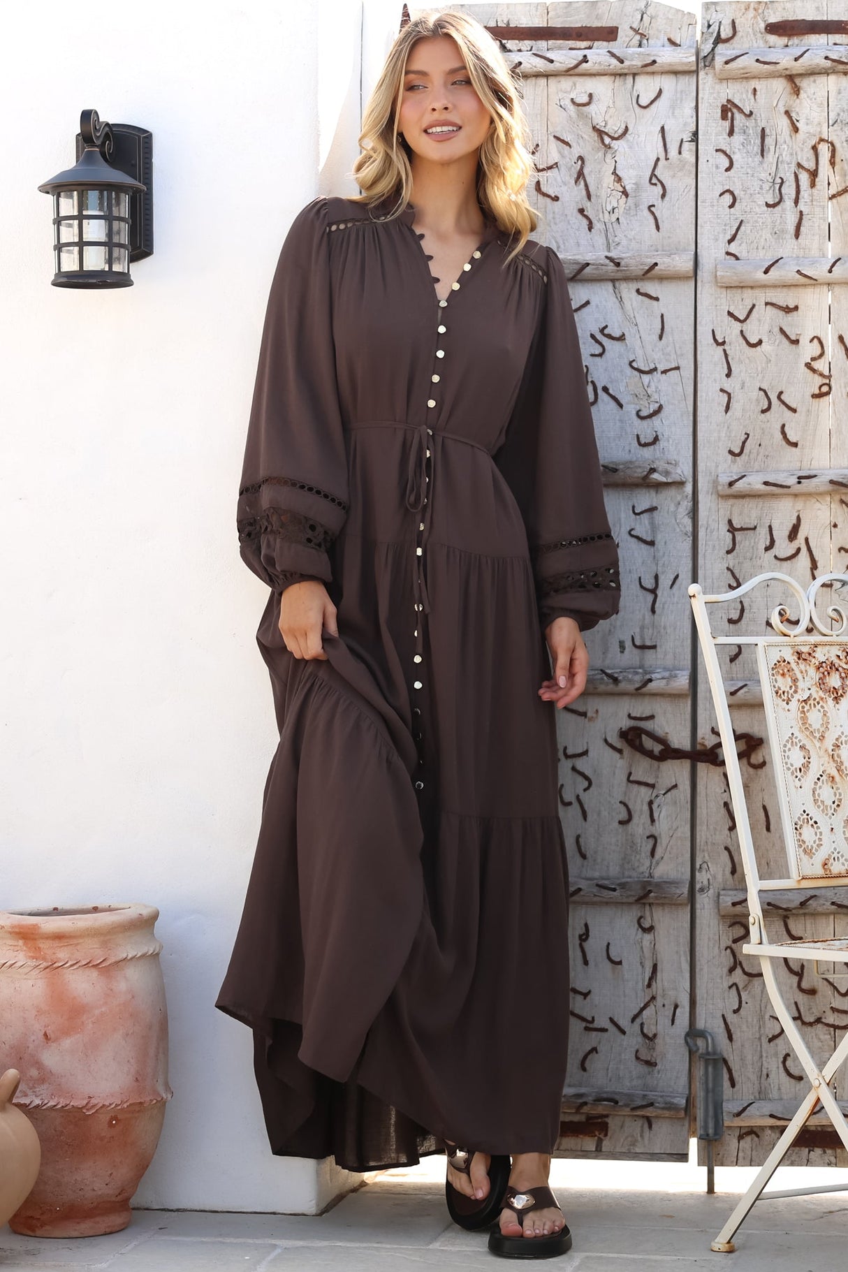 Alyce Maxi Dress - Mandarin Collar Button Down with Detachable Waist Tie in Chocolate