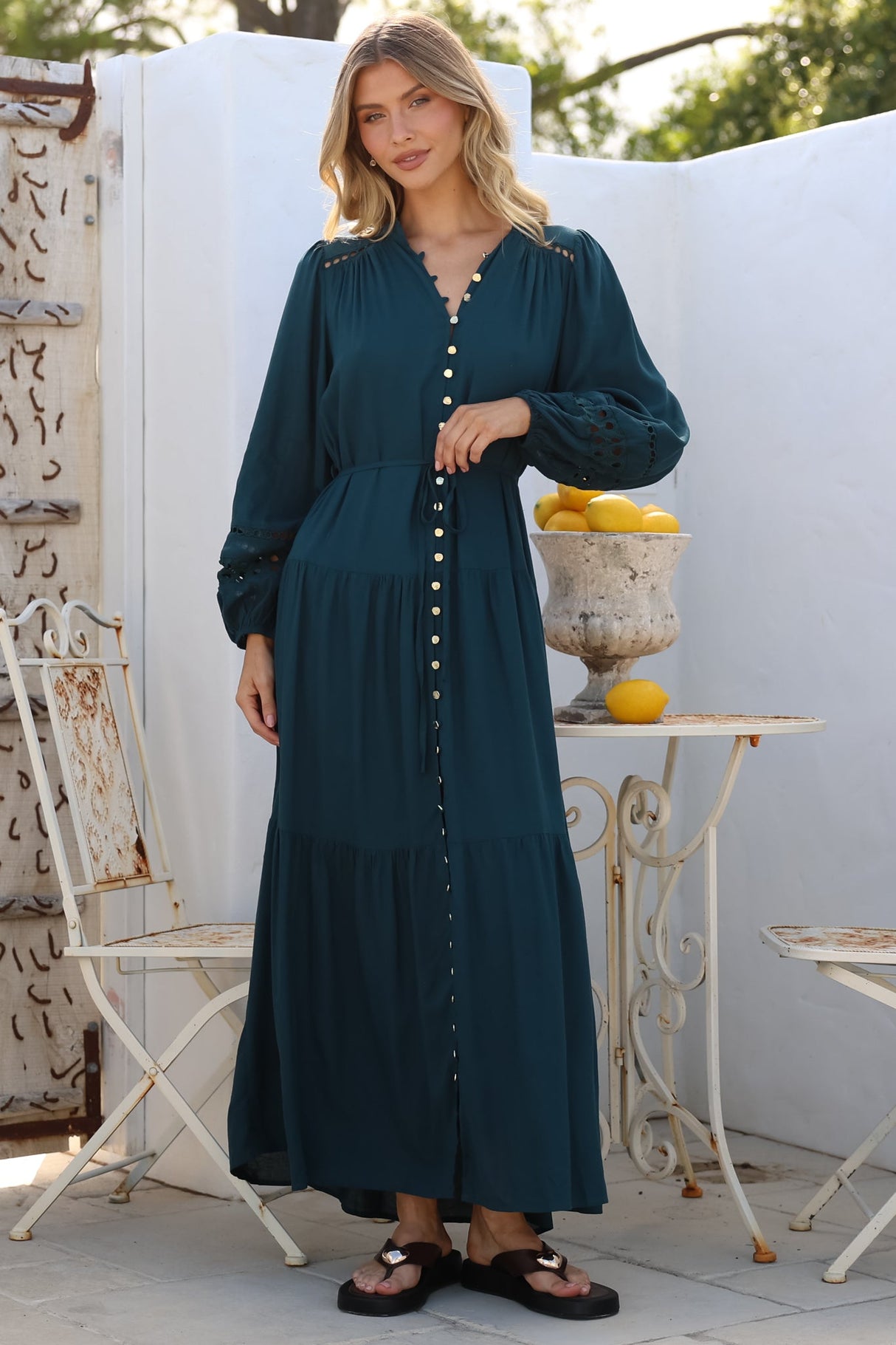 Alyce Maxi Dress - Mandarin Collar Button Down with Detachable Waist Tie in Emerald