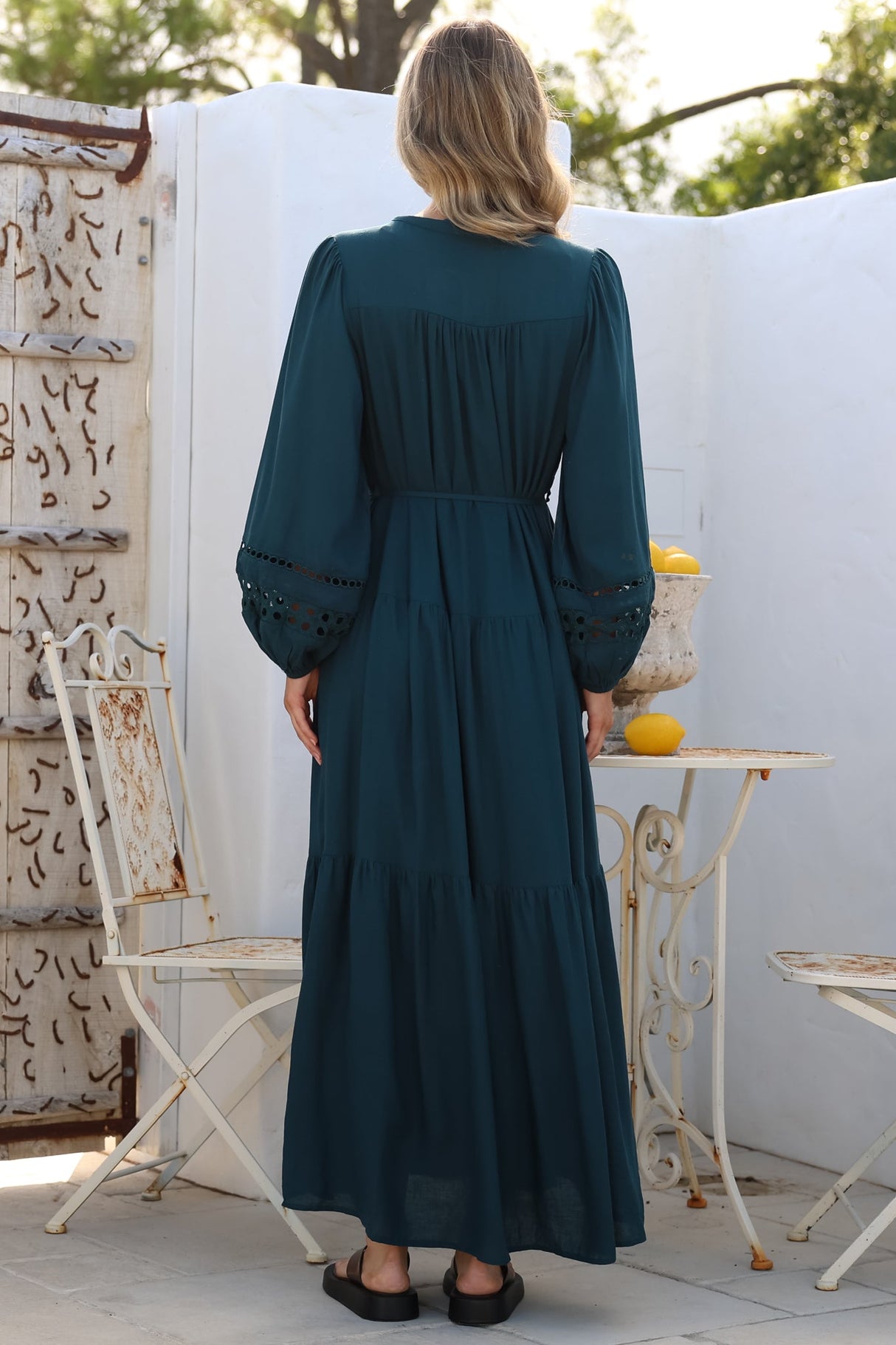 Alyce Maxi Dress - Mandarin Collar Button Down with Detachable Waist Tie in Emerald