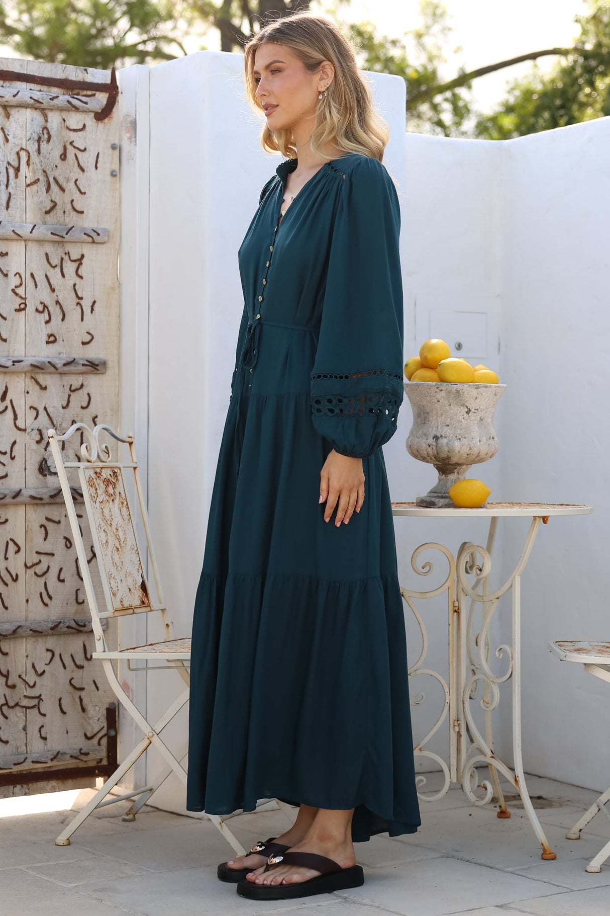 Alyce Maxi Dress - Mandarin Collar Button Down with Detachable Waist Tie in Emerald