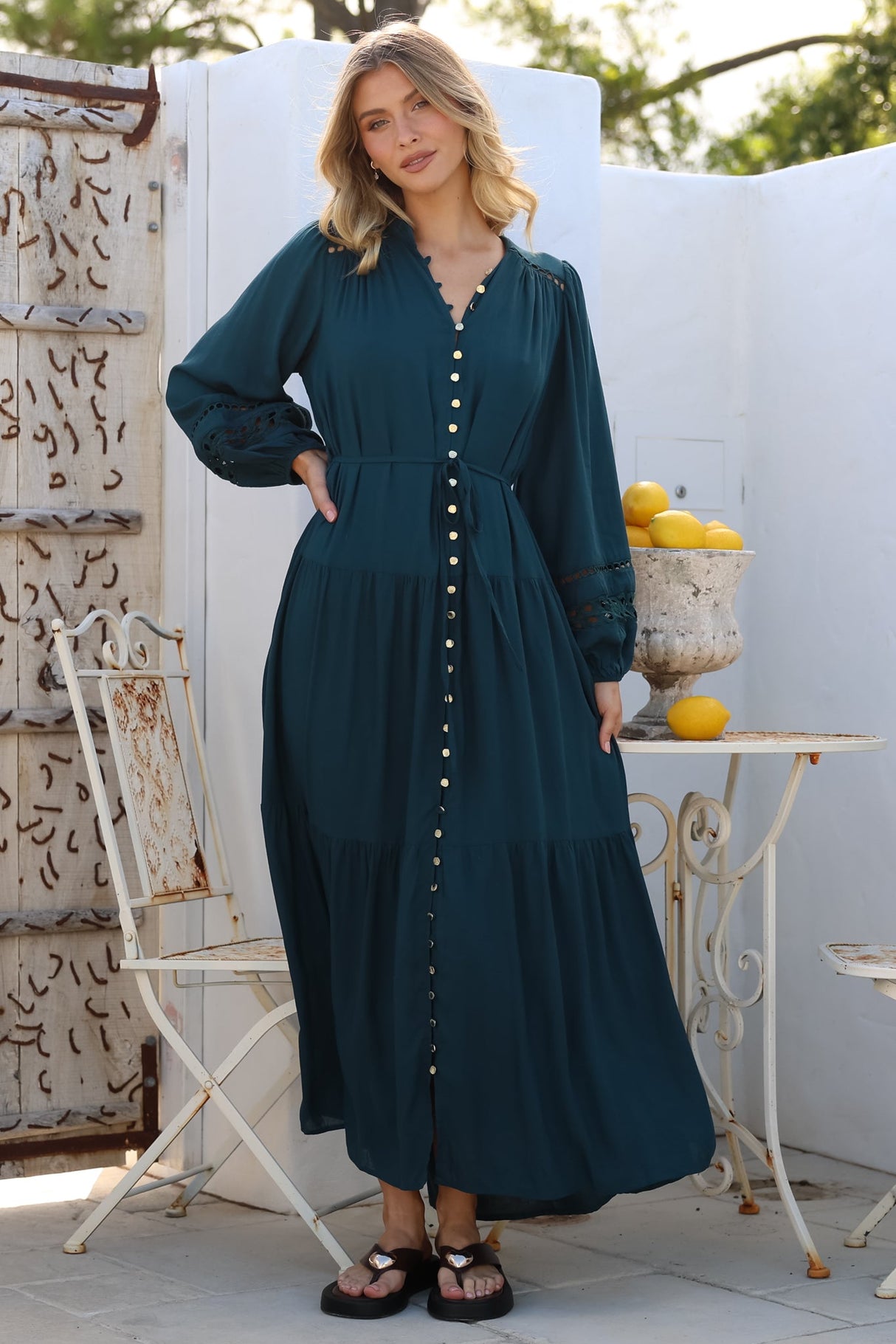 Alyce Maxi Dress - Mandarin Collar Button Down with Detachable Waist Tie in Emerald