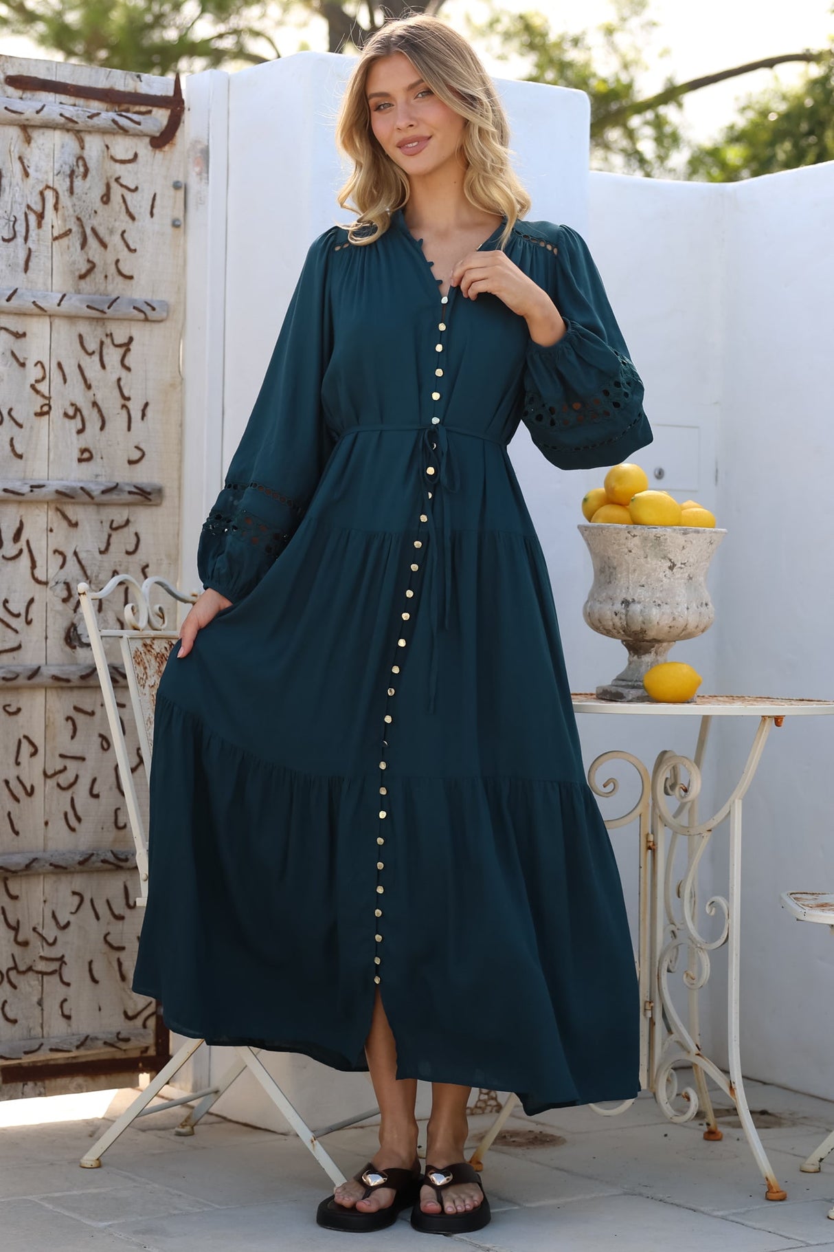 Alyce Maxi Dress - Mandarin Collar Button Down with Detachable Waist Tie in Emerald