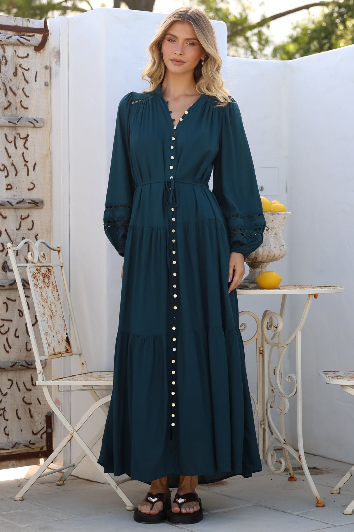 Alyce Maxi Dress - Mandarin Collar Button Down with Detachable Waist Tie in Emerald