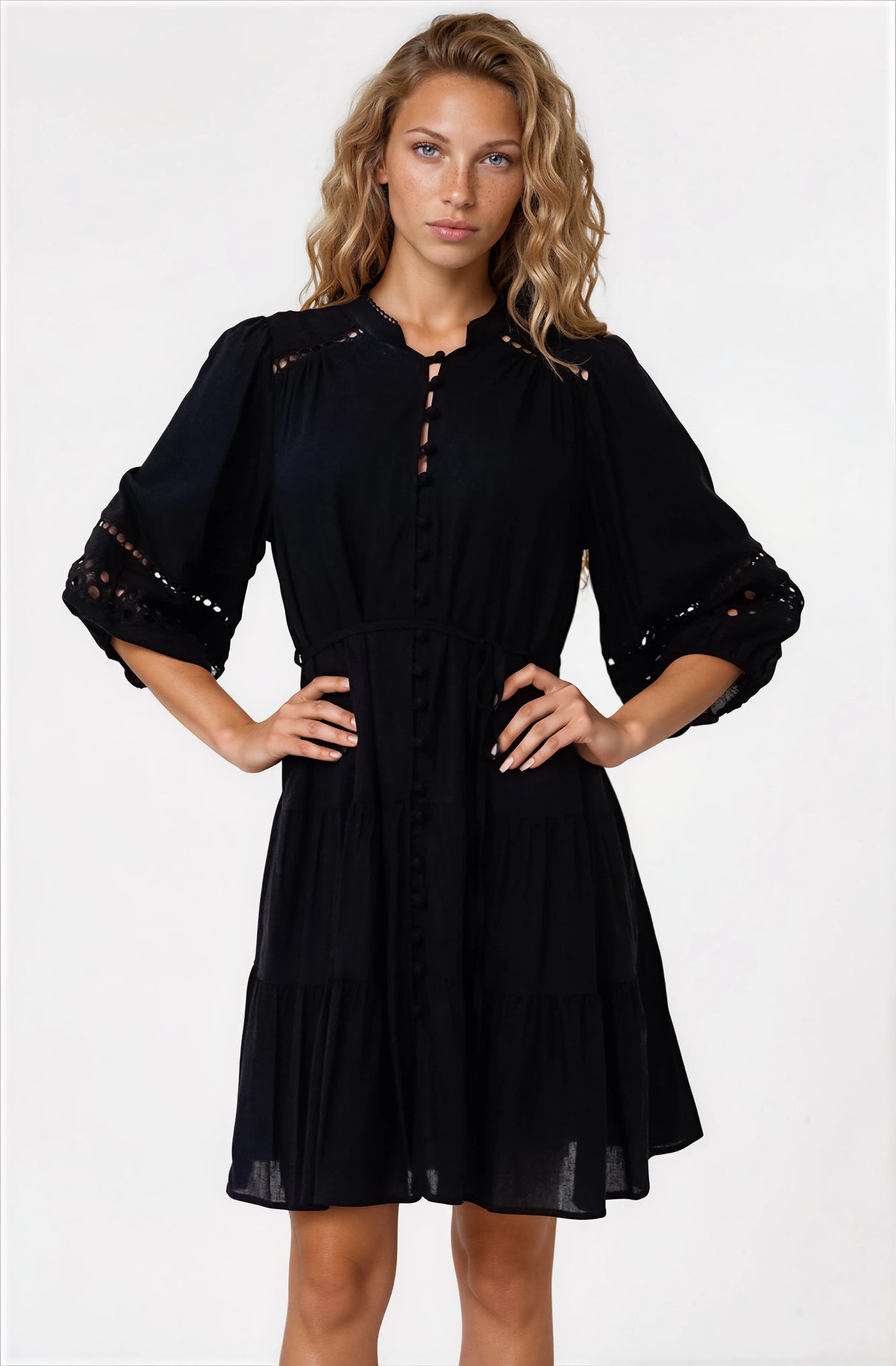 Alyce Mini Dress - Button Down Dress with Cut Out Detailed Sleeves and Matching Belt in Black