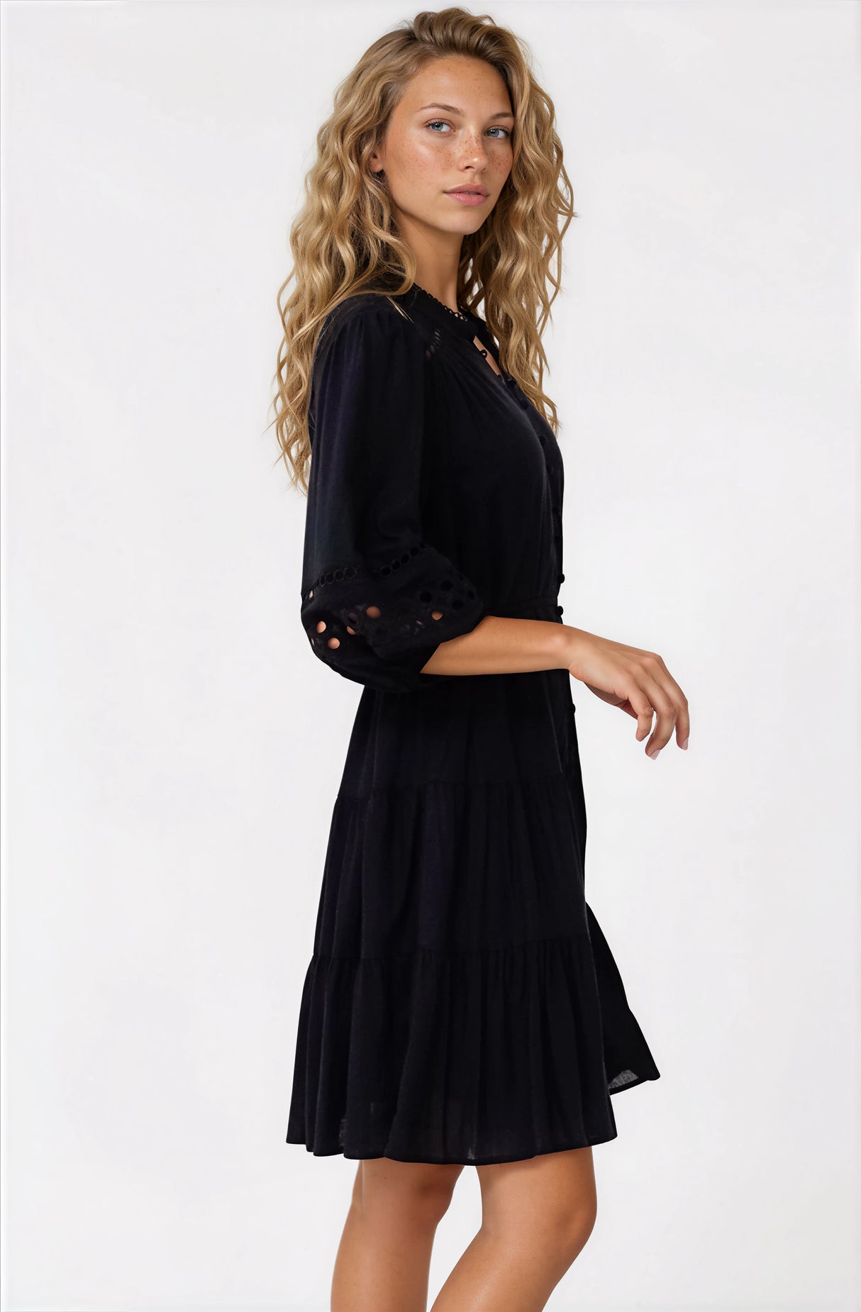 Alyce Mini Dress - Button Down Dress with Cut Out Detailed Sleeves and Matching Belt in Black