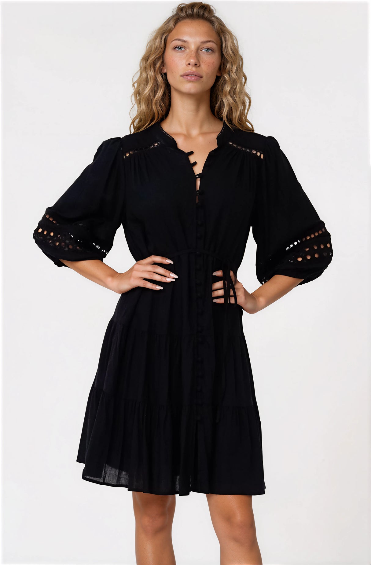 Alyce Mini Dress - Button Down Dress with Cut Out Detailed Sleeves and Matching Belt in Black