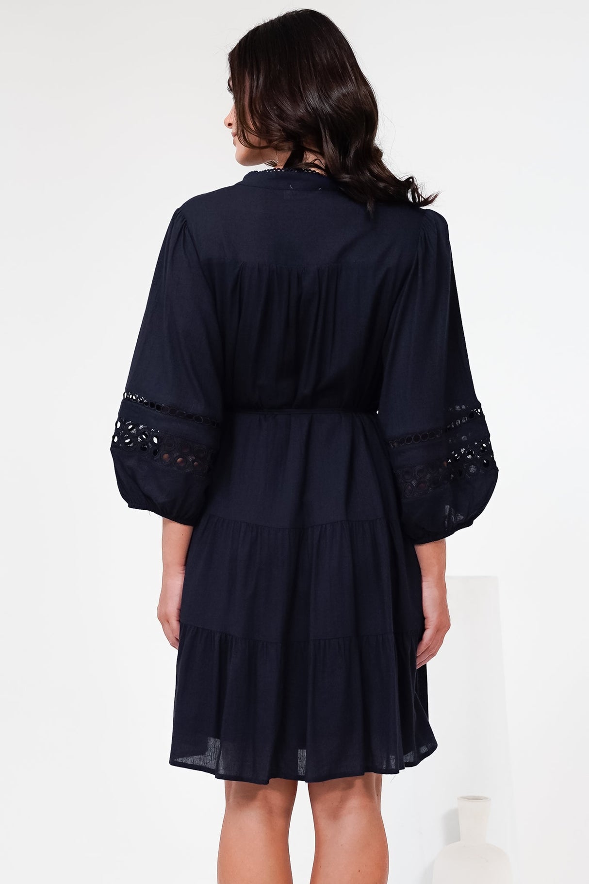 Alyce Mini Dress - Button Down Dress with Cut Out Detailed Sleeves and Matching Belt in Navy