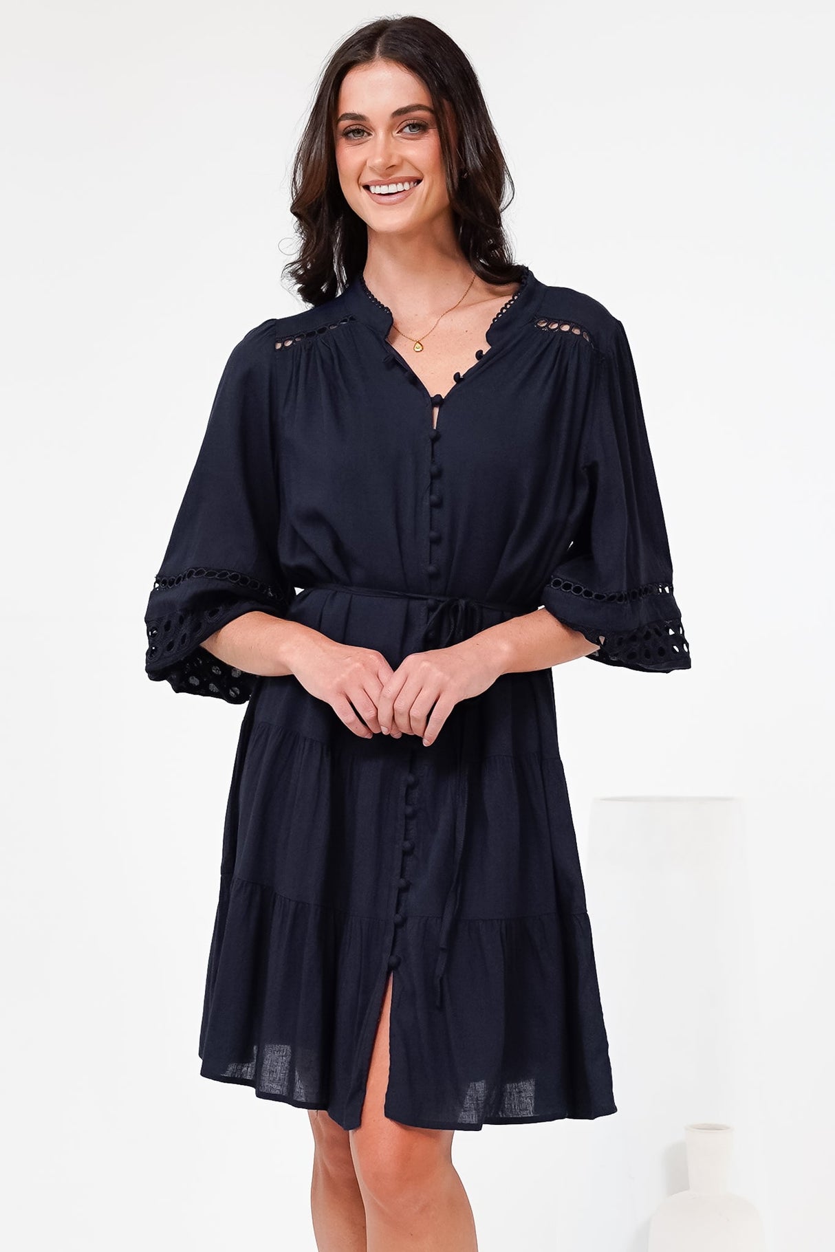 Alyce Mini Dress - Button Down Dress with Cut Out Detailed Sleeves and Matching Belt in Navy