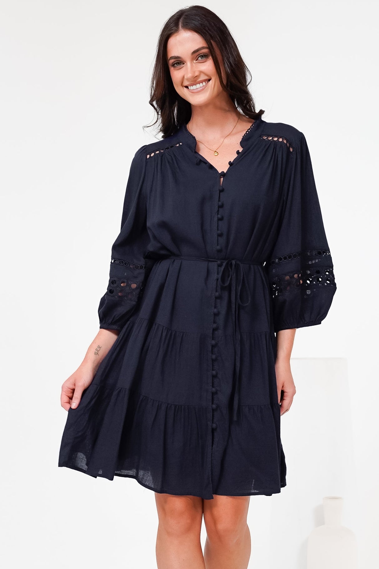 Alyce Mini Dress - Button Down Dress with Cut Out Detailed Sleeves and Matching Belt in Navy