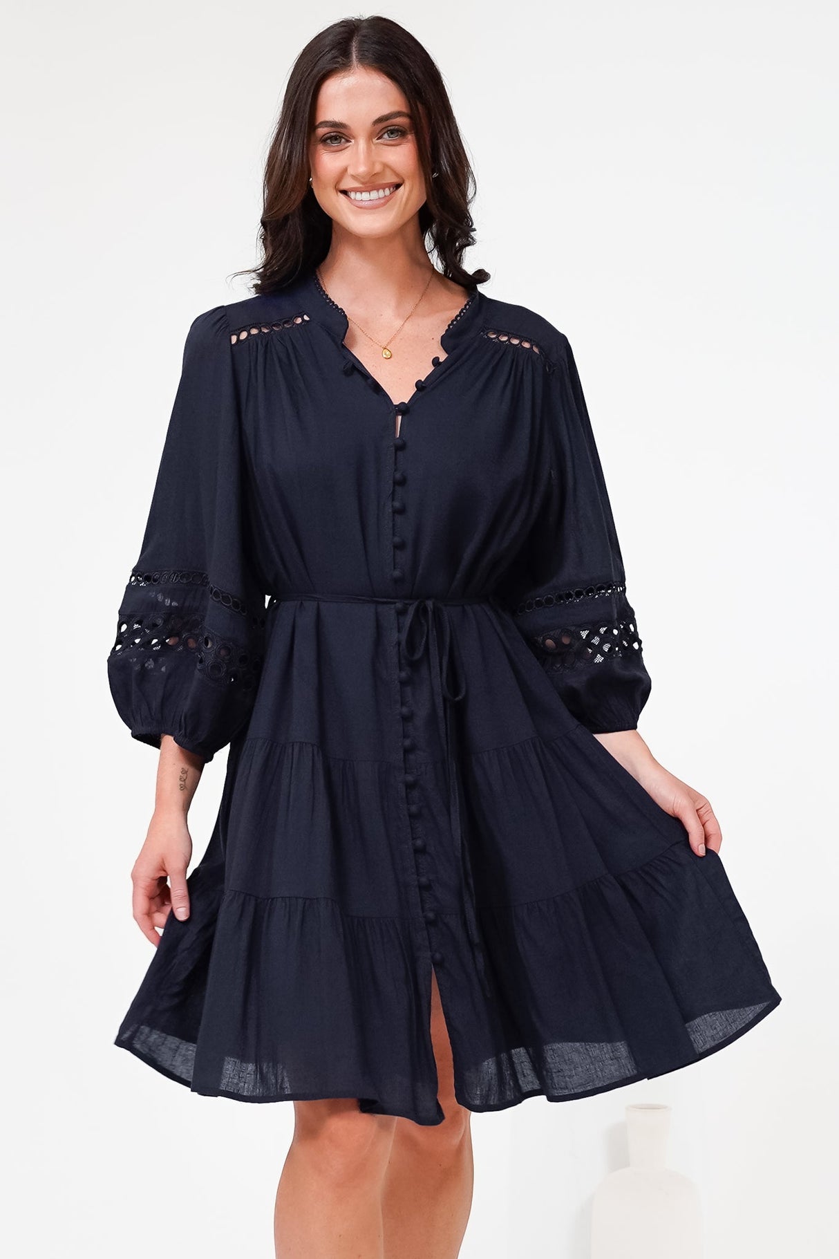 Alyce Mini Dress - Button Down Dress with Cut Out Detailed Sleeves and Matching Belt in Navy