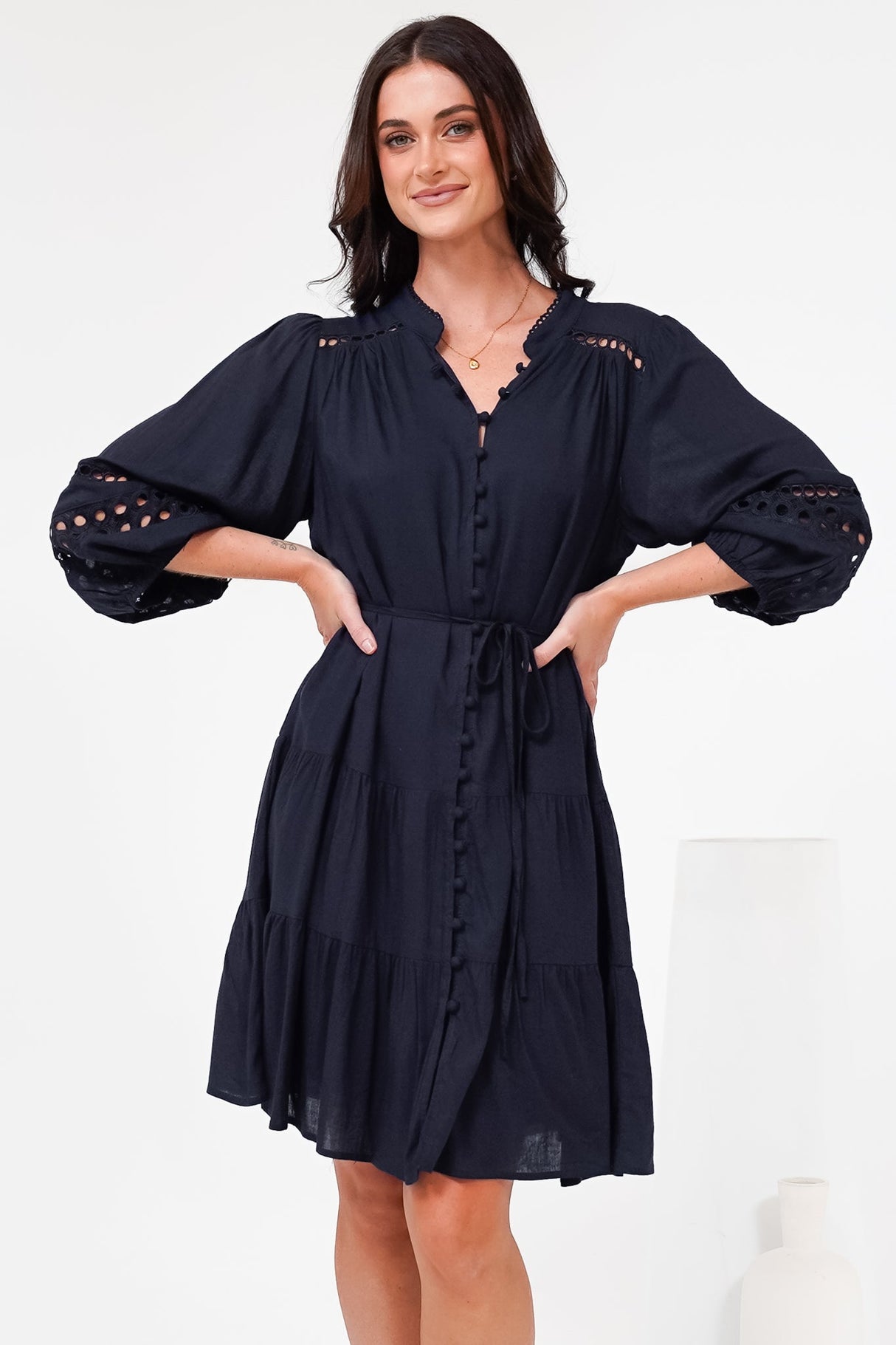 Alyce Mini Dress - Button Down Dress with Cut Out Detailed Sleeves and Matching Belt in Navy