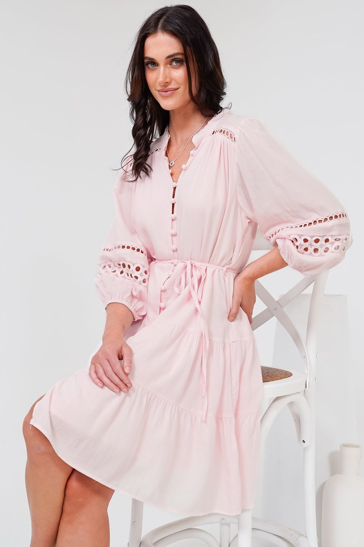 Alyce Mini Dress - Button Down Dress with Cut Out Detailed Sleeves and Matching Belt in Pink