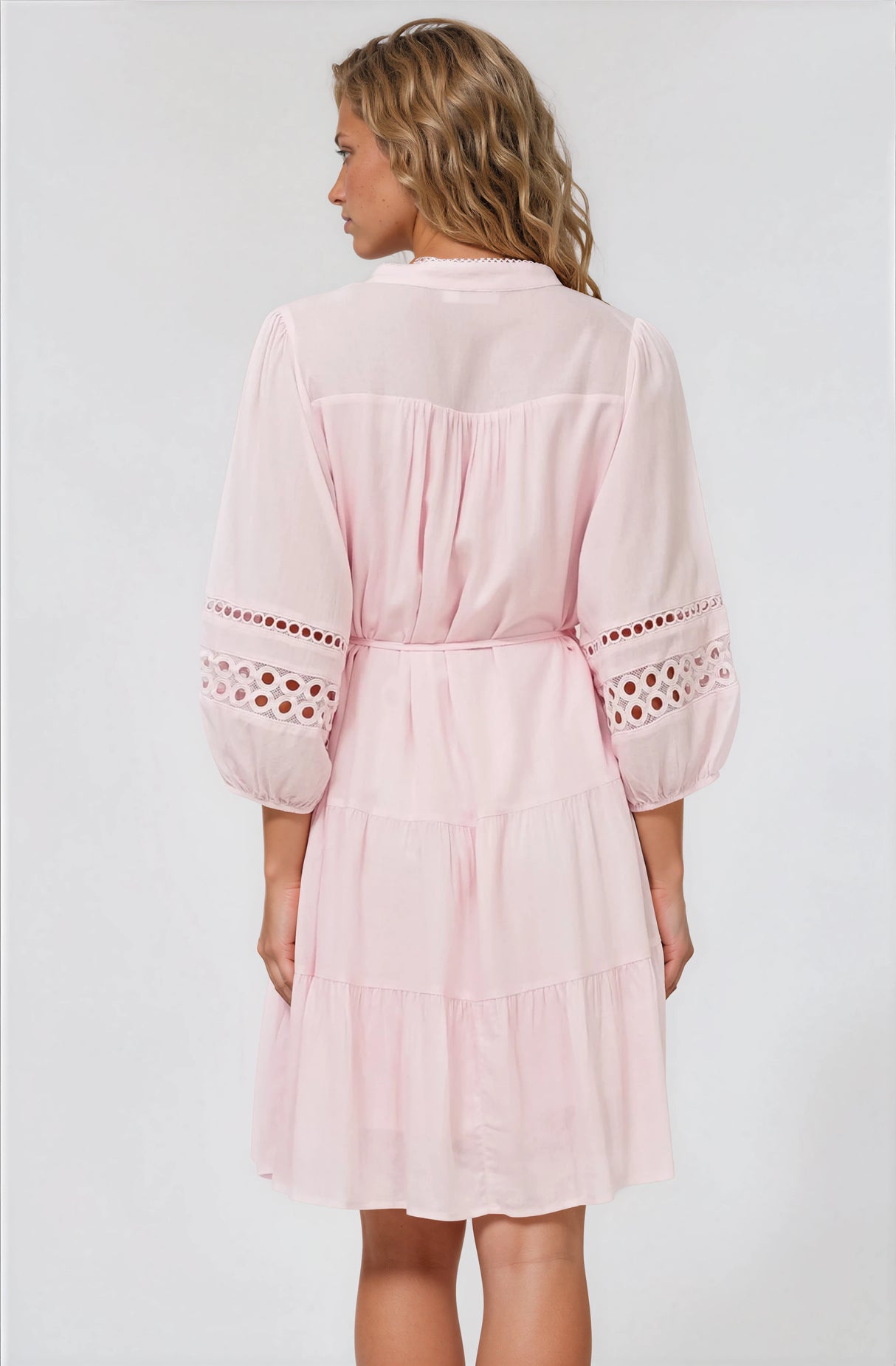 Alyce Mini Dress - Button Down Dress with Cut Out Detailed Sleeves and Matching Belt in Pink