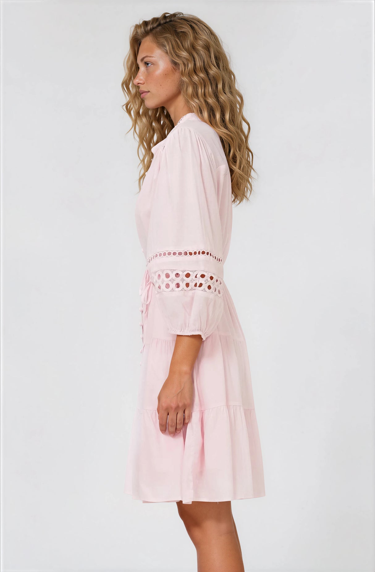 Alyce Mini Dress - Button Down Dress with Cut Out Detailed Sleeves and Matching Belt in Pink