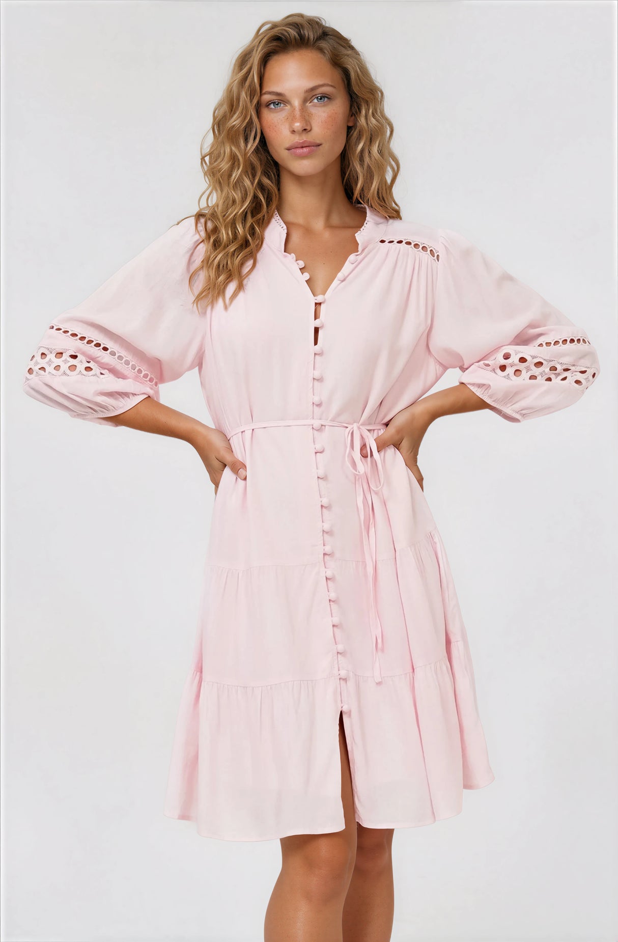 Alyce Mini Dress - Button Down Dress with Cut Out Detailed Sleeves and Matching Belt in Pink