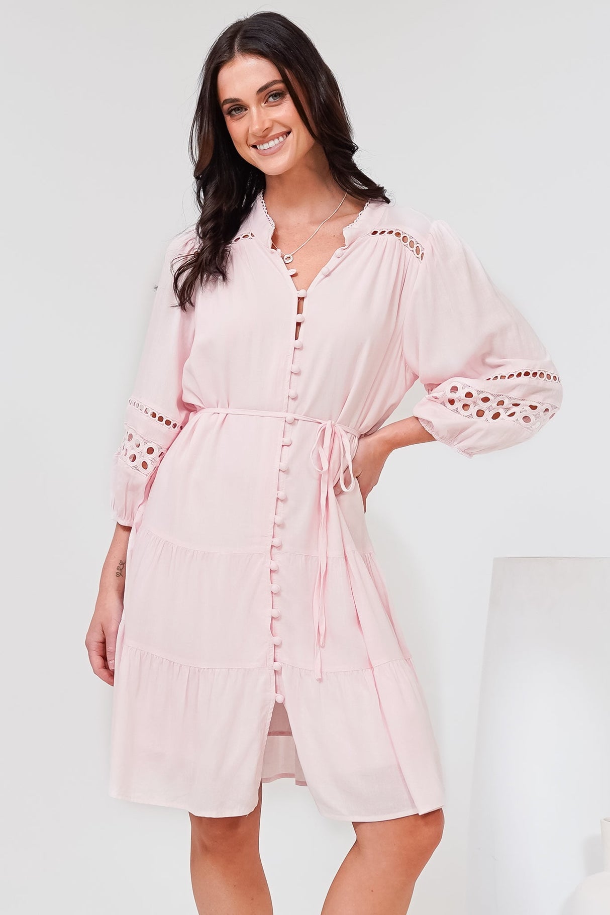 Alyce Mini Dress - Button Down Dress with Cut Out Detailed Sleeves and Matching Belt in Pink