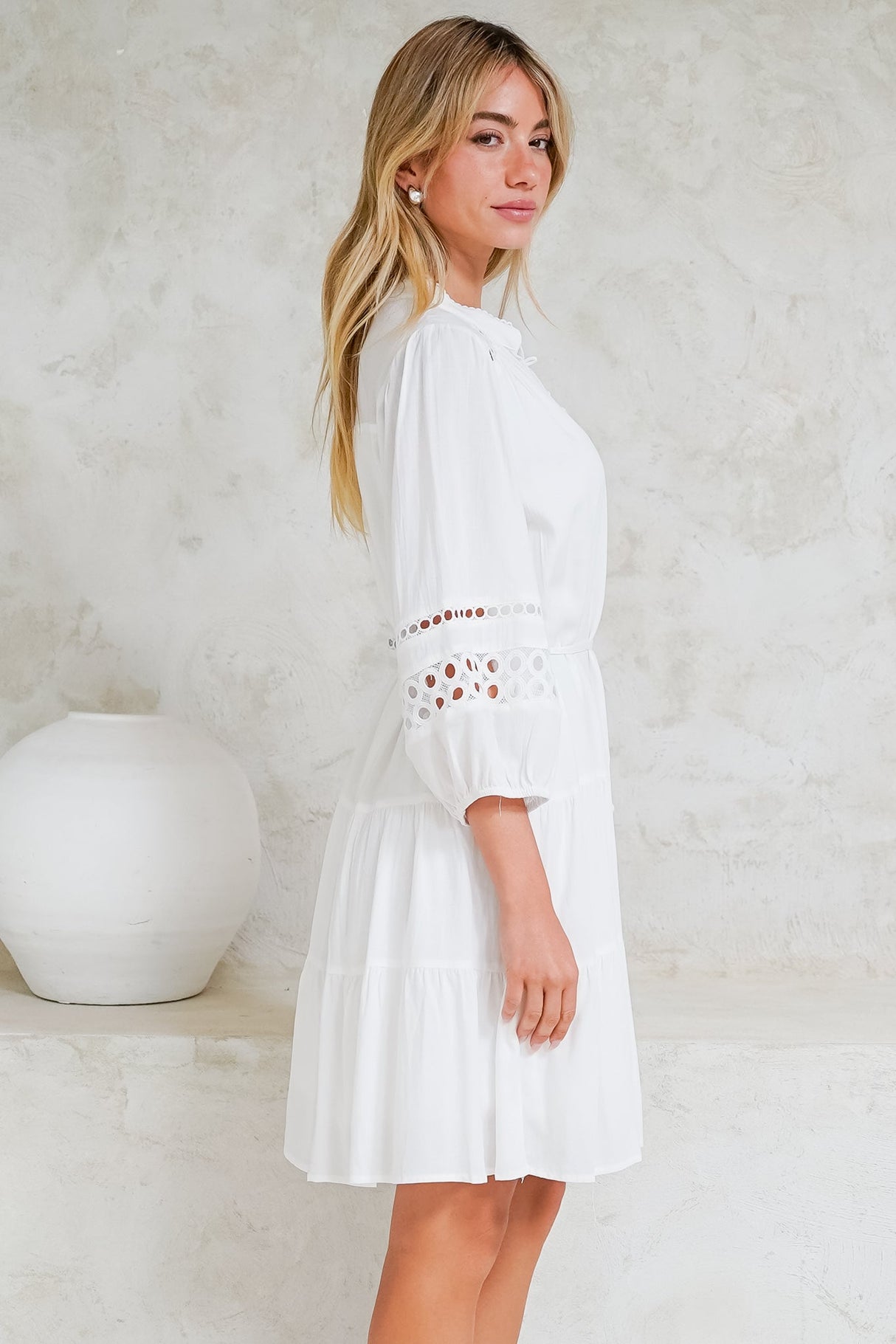 Alyce Mini Dress - Button Down Dress with Cut Out Detailed Sleeves and Matching Belt in White