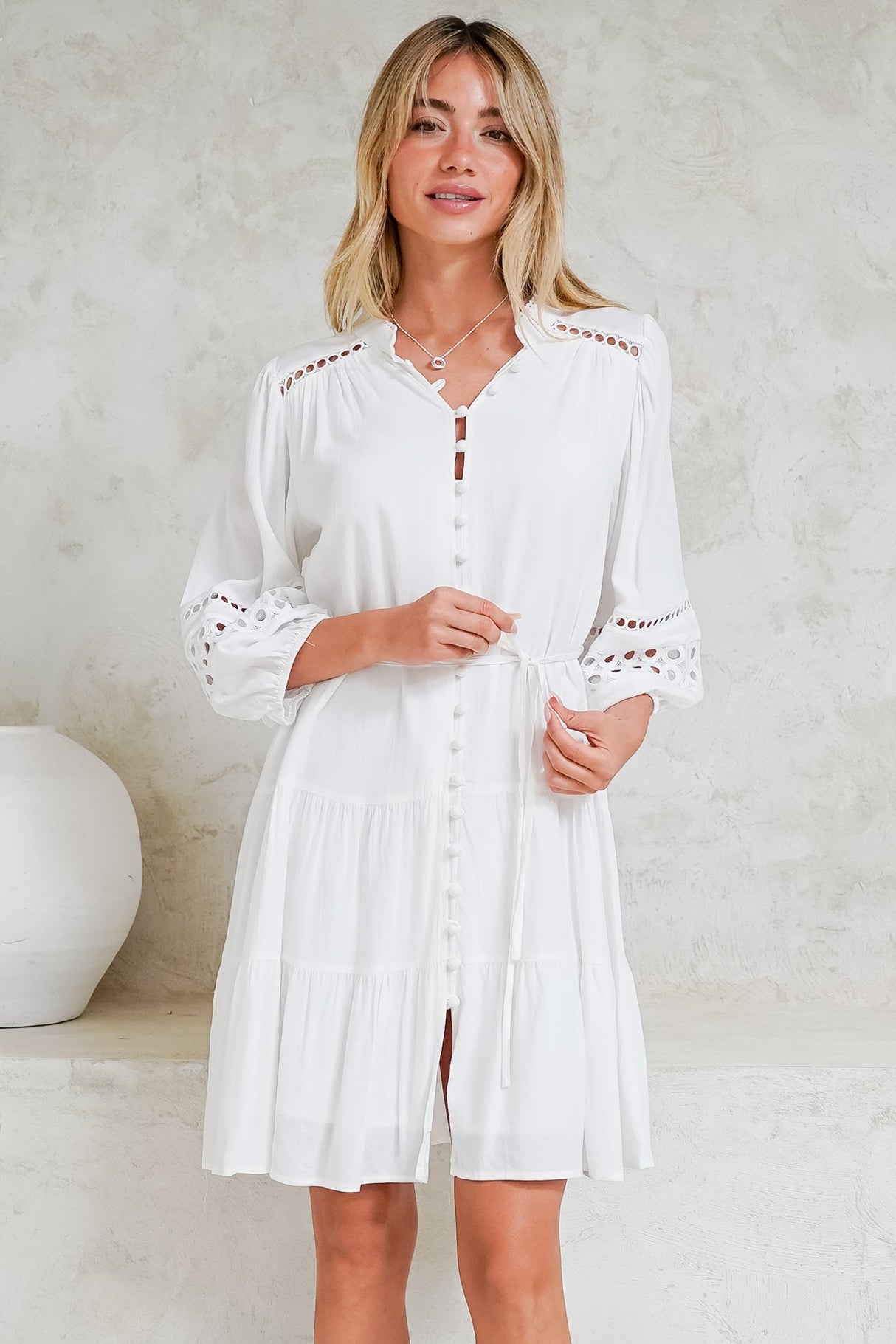 Alyce Mini Dress - Button Down Dress with Cut Out Detailed Sleeves and Matching Belt in White