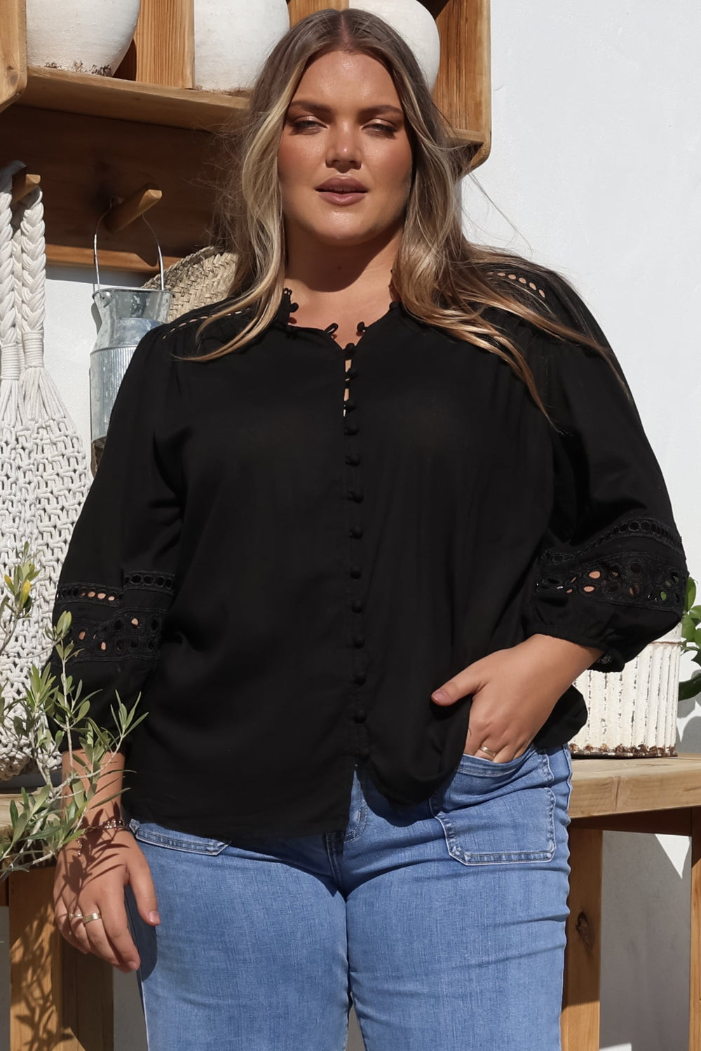 Alyce Shirt - Mandarin Collar Cut Out Detailed Sleeve Button Down in Black