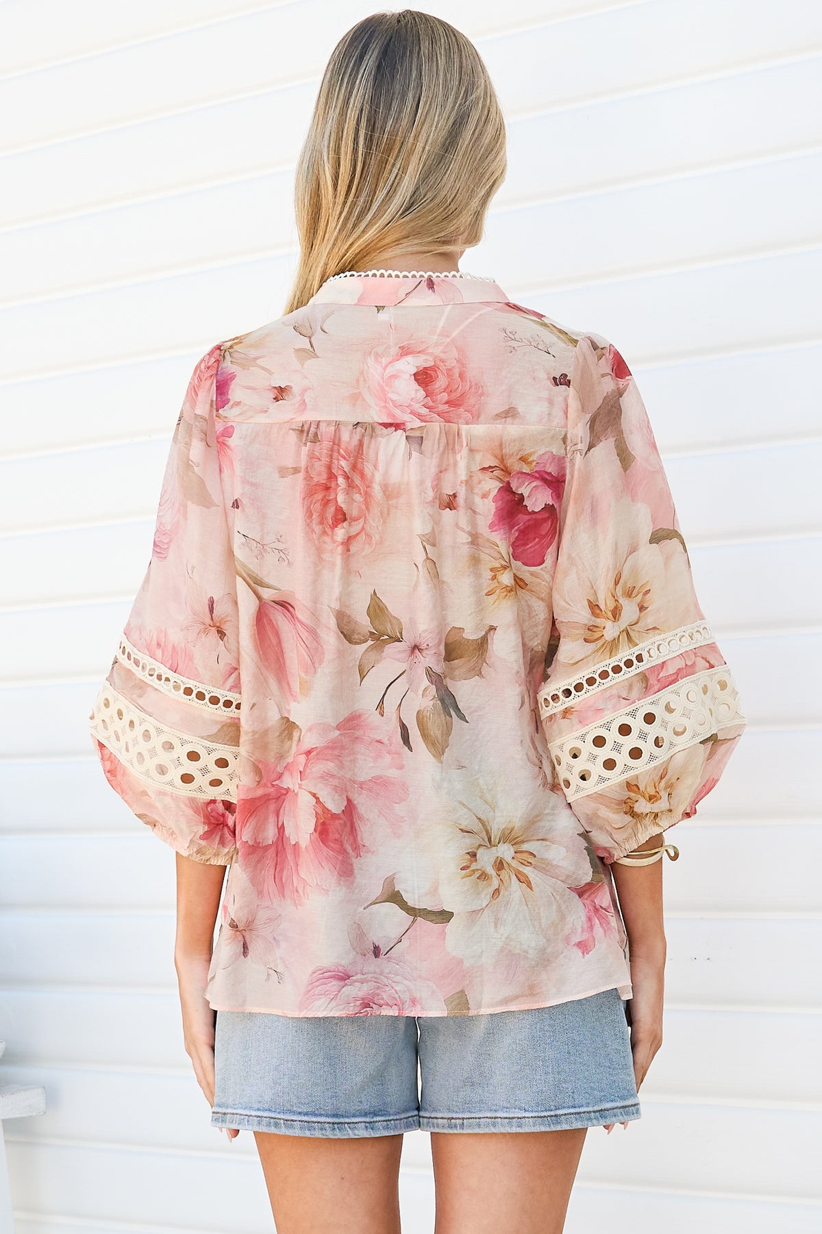Alyce Shirt - Mandarin Collar Cut Out Detailed Sleeve Button Down in Distraction Print