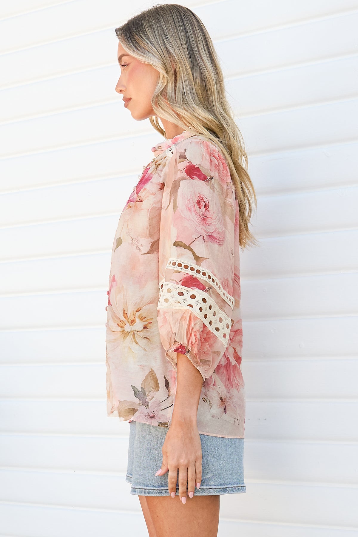 Alyce Shirt - Mandarin Collar Cut Out Detailed Sleeve Button Down in Distraction Print
