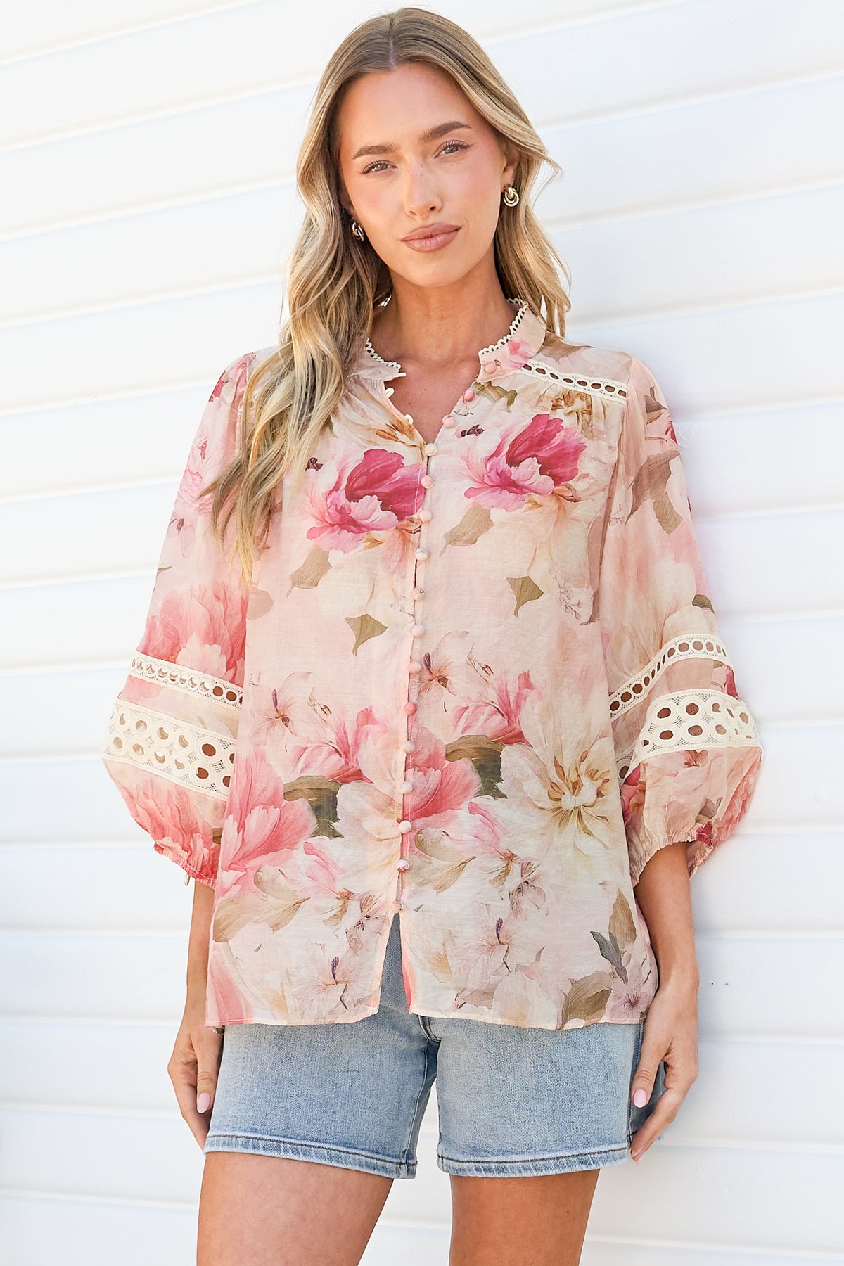 Alyce Shirt - Mandarin Collar Cut Out Detailed Sleeve Button Down in Distraction Print