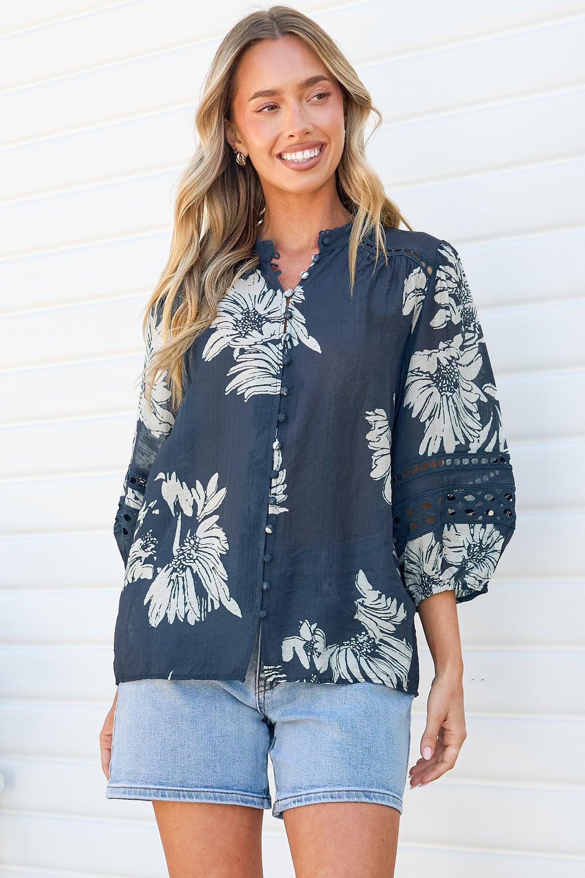 Alyce Shirt - Mandarin Collar Cut Out Detailed Sleeve Button Down in Mabli Print