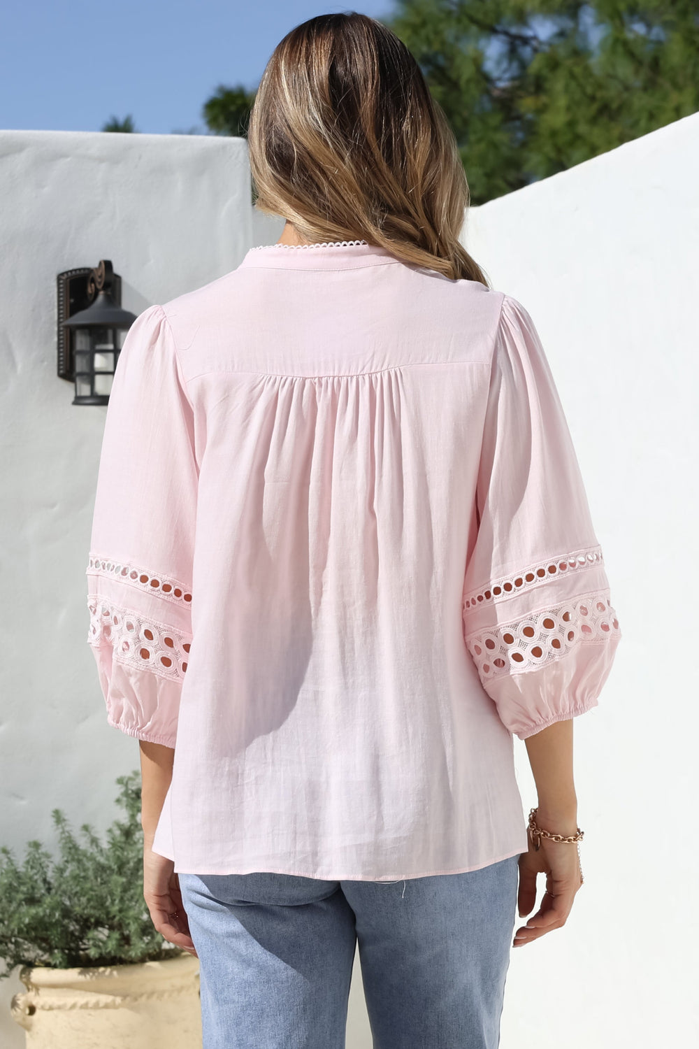 Alyce Shirt - Mandarin Collar Cut Out Detailed Sleeve Button Down in Pink