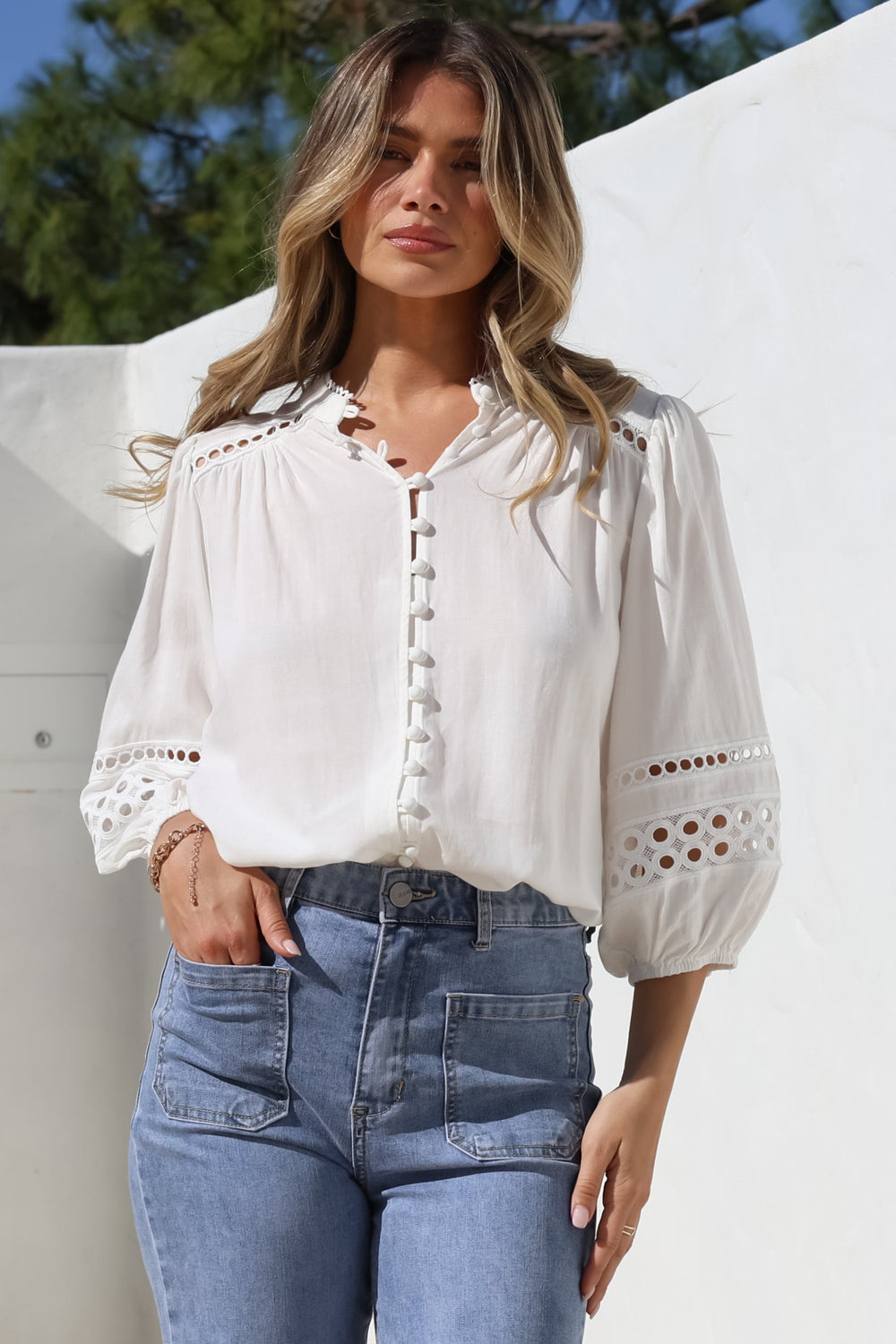 Alyce Shirt - Mandarin Collar Cut Out Detailed Sleeve Button Down in White