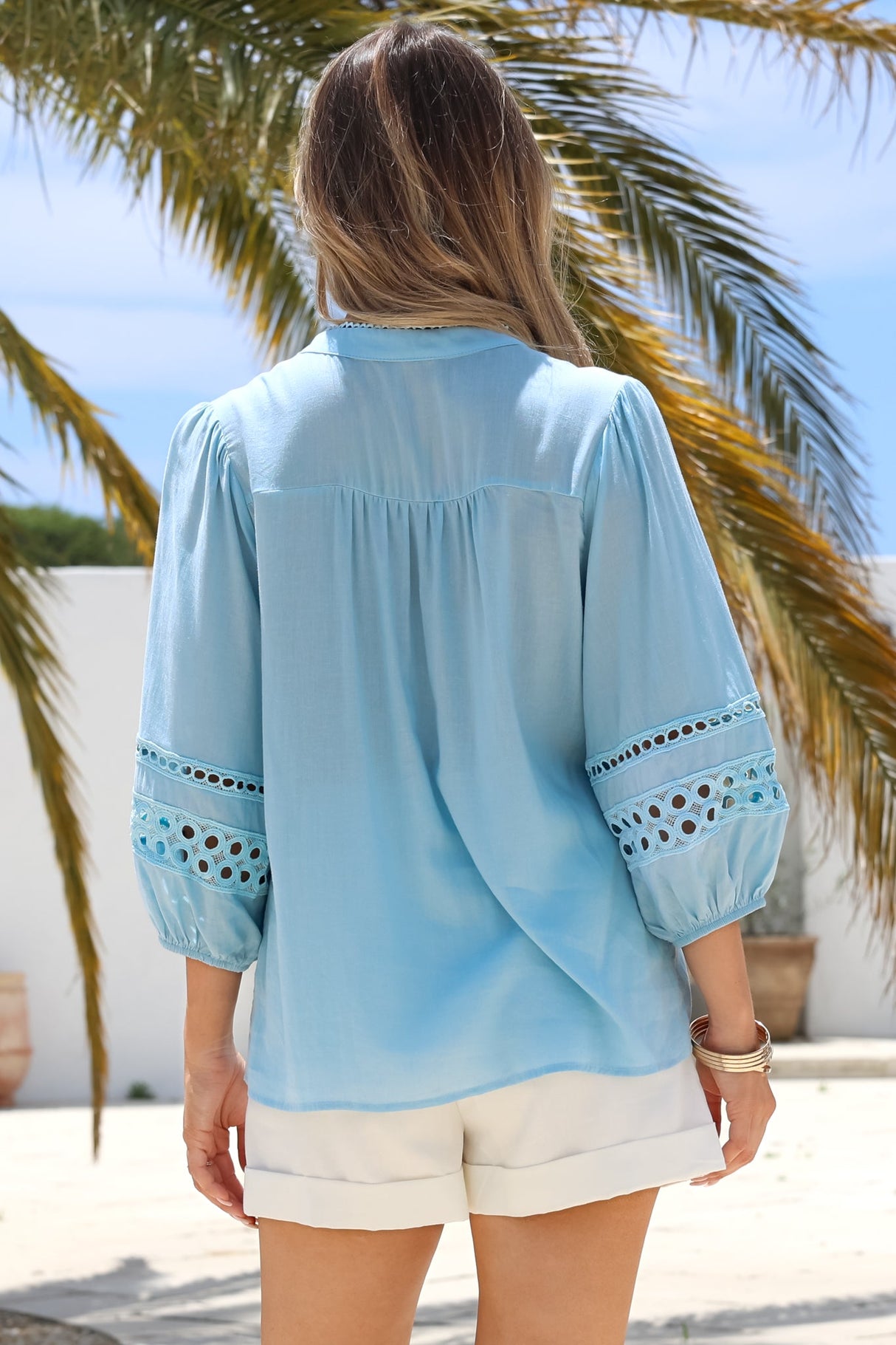 Alyce Shirt - Mandarin Collar Cut Out Detailed Sleeve Button Down in Light Blue