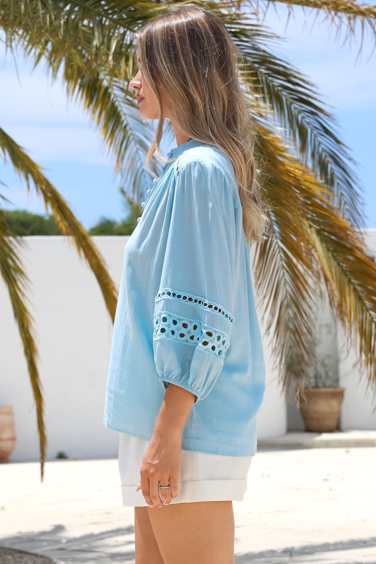 Alyce Shirt - Mandarin Collar Cut Out Detailed Sleeve Button Down in Light Blue