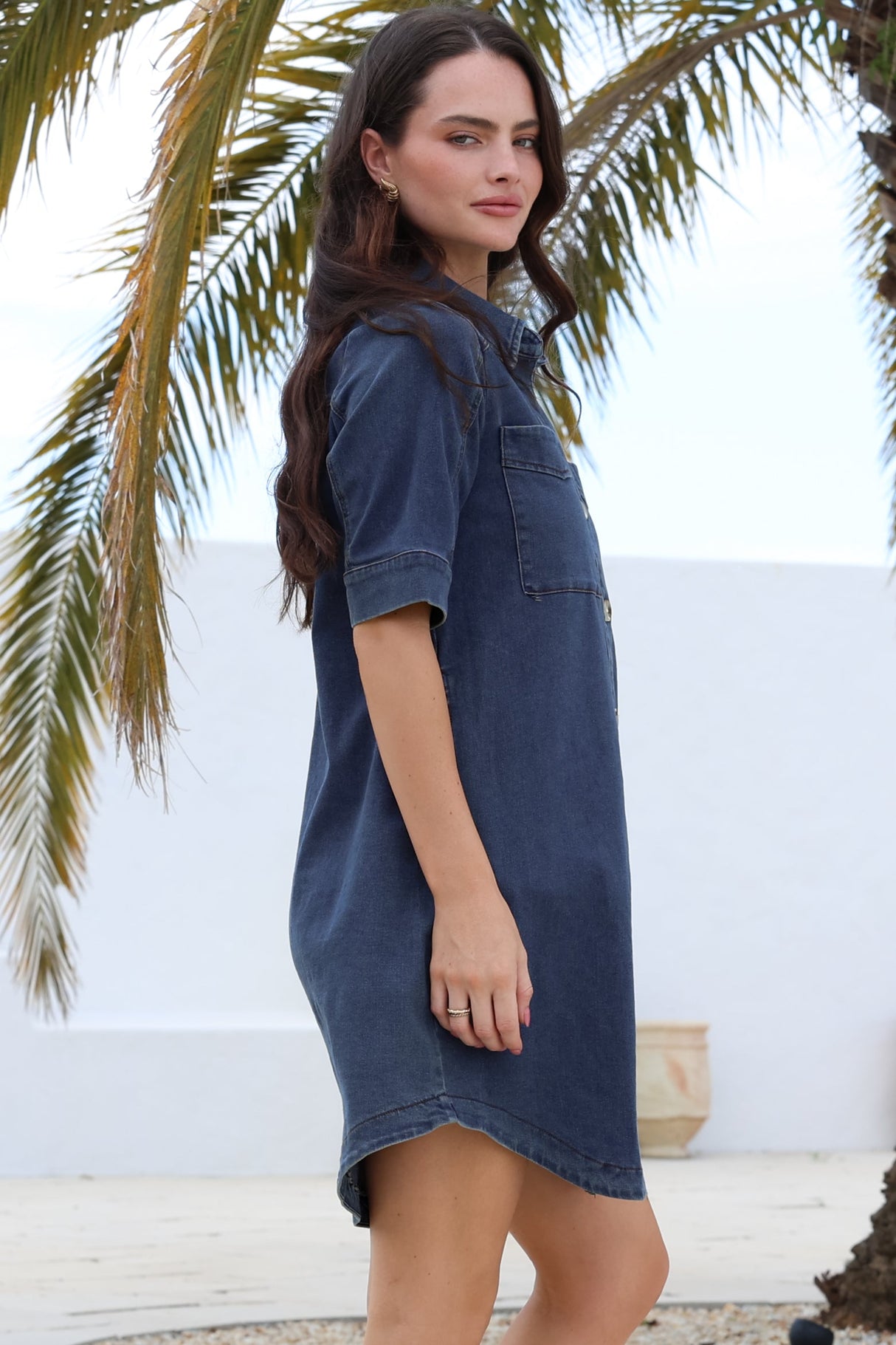 Alyssa Mini Dress - Collared Button-Down Denim Shirt Dress in Denim Blue