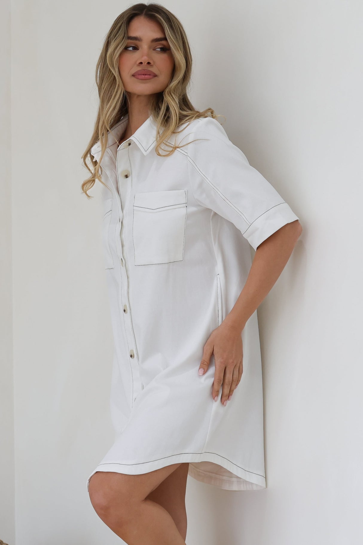 Alyssa Mini Dress - Collared Button-Down Denim Shirt Dress in White