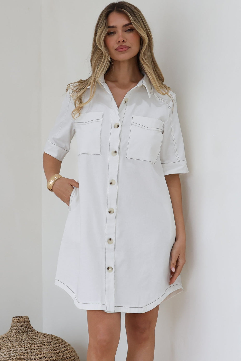 Alyssa Mini Dress - Collared Button-Down Denim Shirt Dress in White