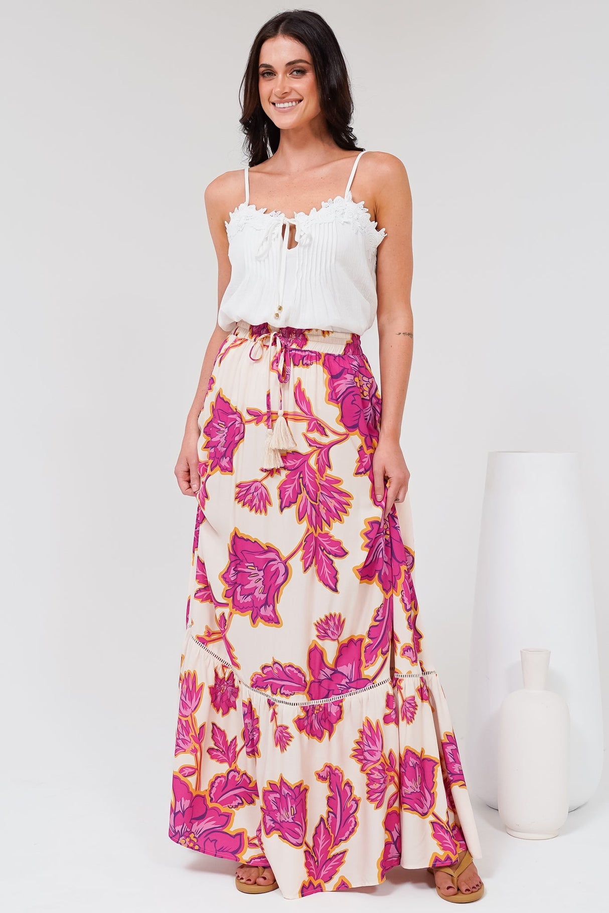 Amana Maxi Skirt - Tiered Skirt with Ladder Lace Insert Splicing in Kalia Print Cream