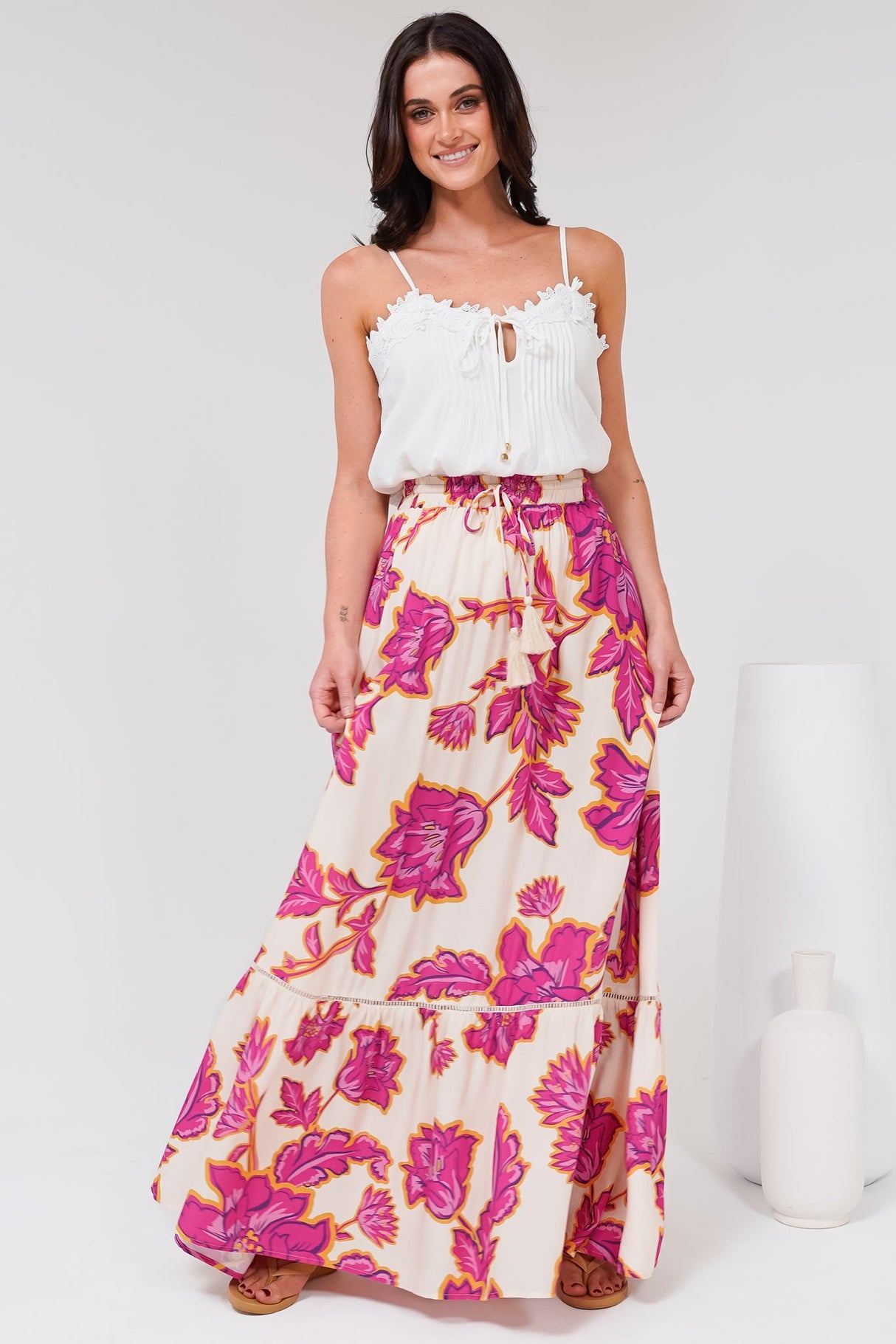 Amana Maxi Skirt - Tiered Skirt with Ladder Lace Insert Splicing in Kalia Print Cream