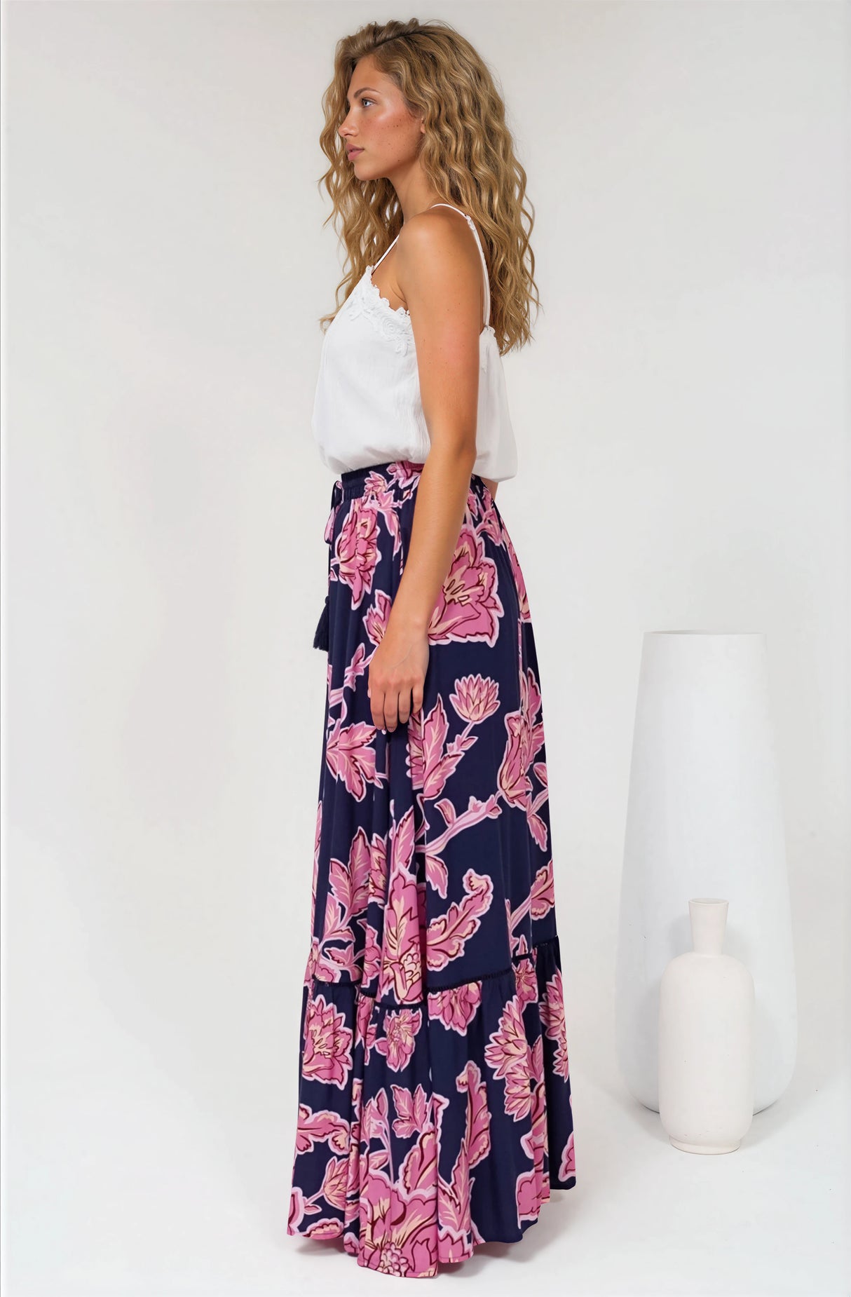 Amana Maxi Skirt - Tiered Skirt with Ladder Lace Insert Splicing in Kalia Print Navy