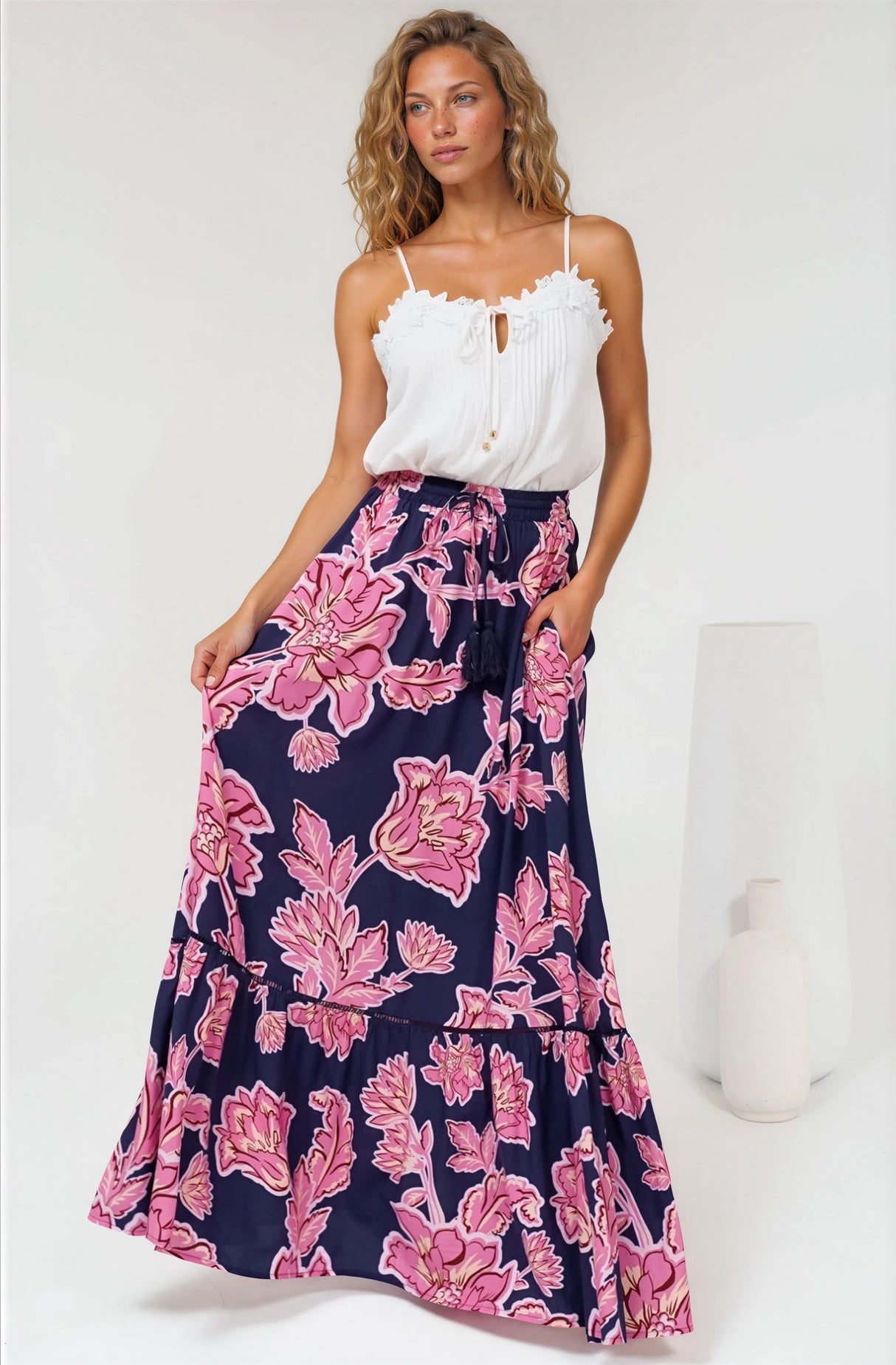 Amana Maxi Skirt - Tiered Skirt with Ladder Lace Insert Splicing in Kalia Print Navy