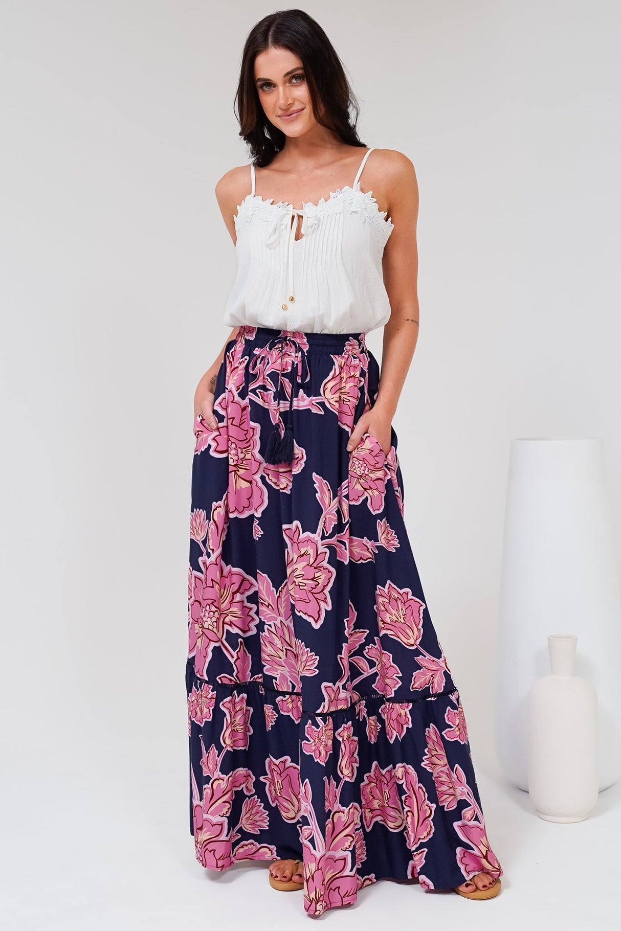 Amana Maxi Skirt - Tiered Skirt with Ladder Lace Insert Splicing in Kalia Print Navy