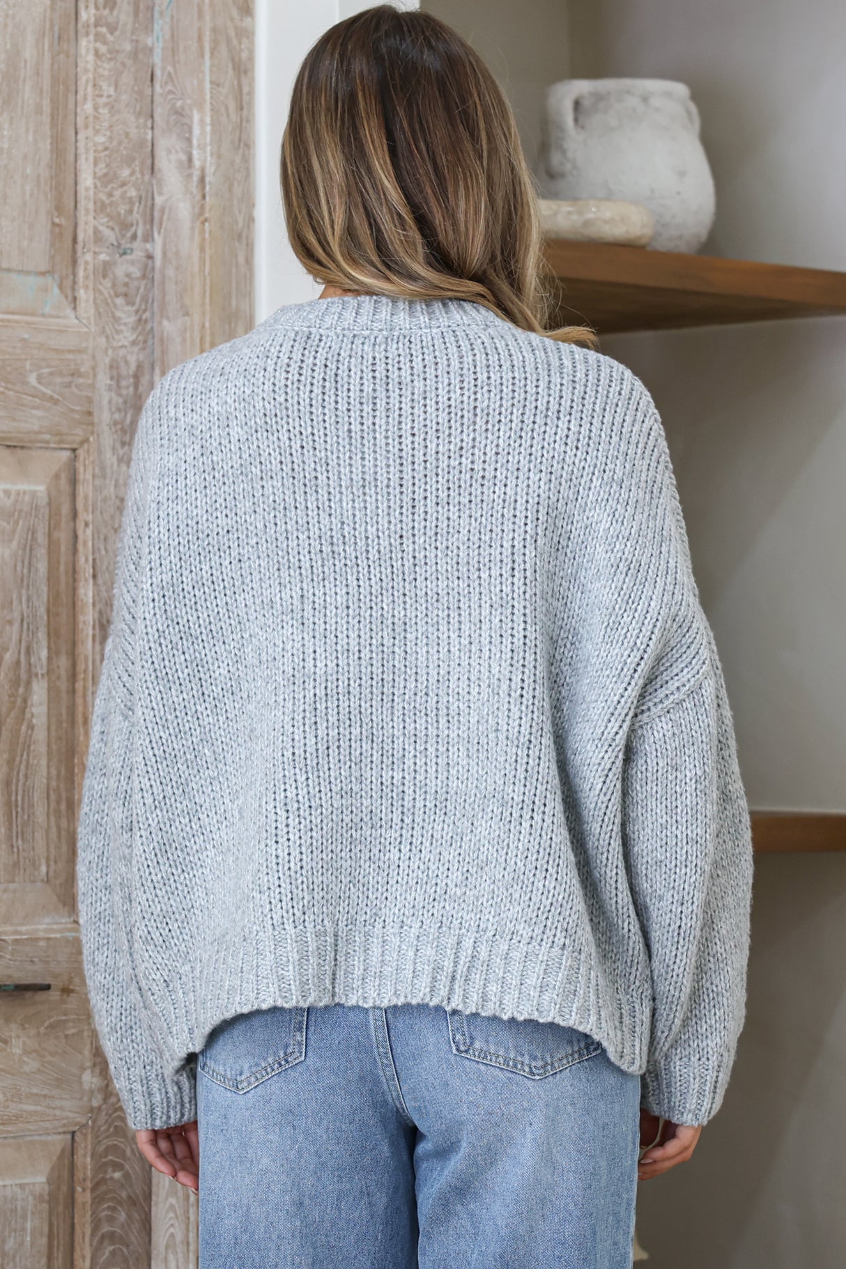 Amara Jumper - Crew Neck Floral Motif Knit with Ribbed Hemlines in Grey