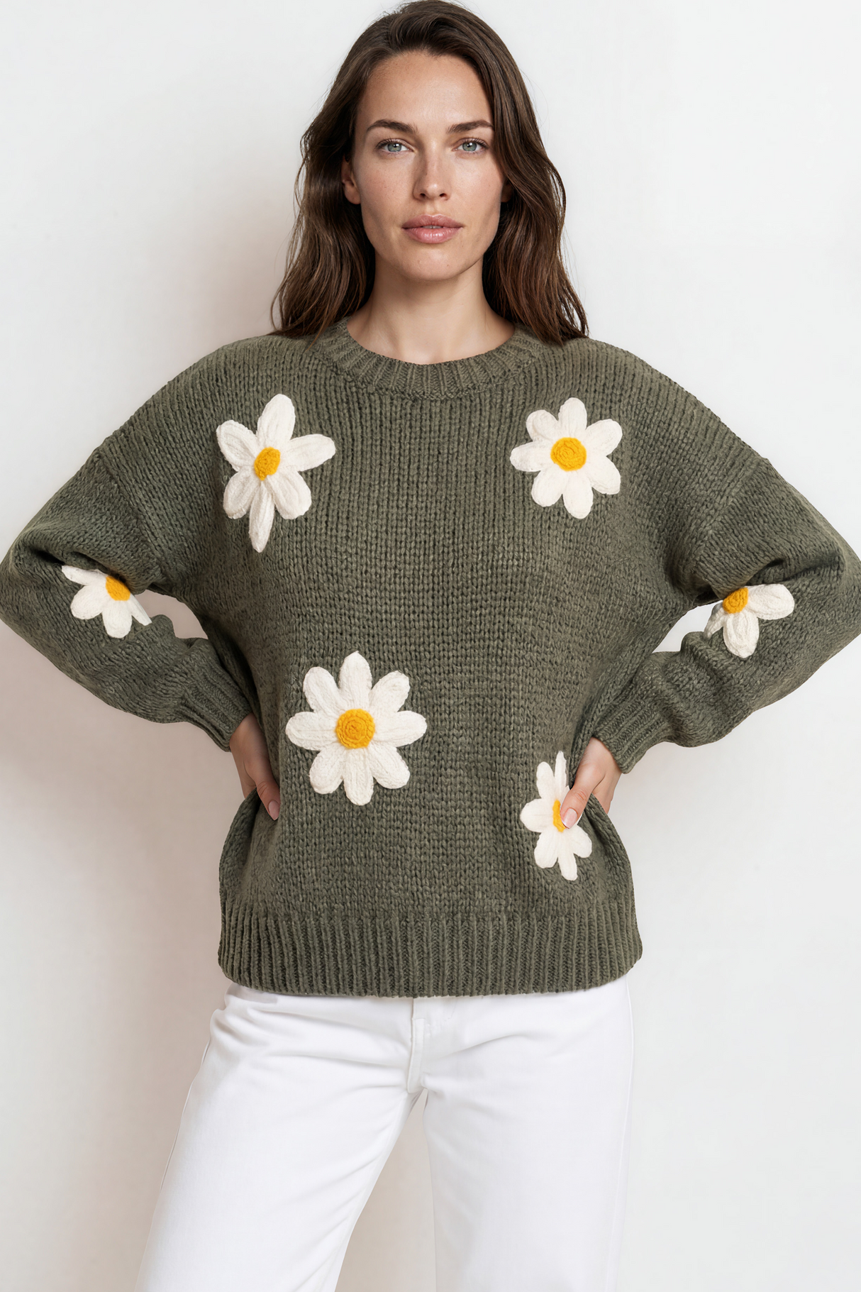 Model wearing Amara Jumper in Khaki from Salty Crush