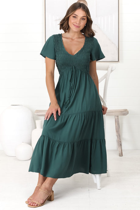 Amaya Midi Dress - Shirred Cap Sleeve A Line Dress in Emerald